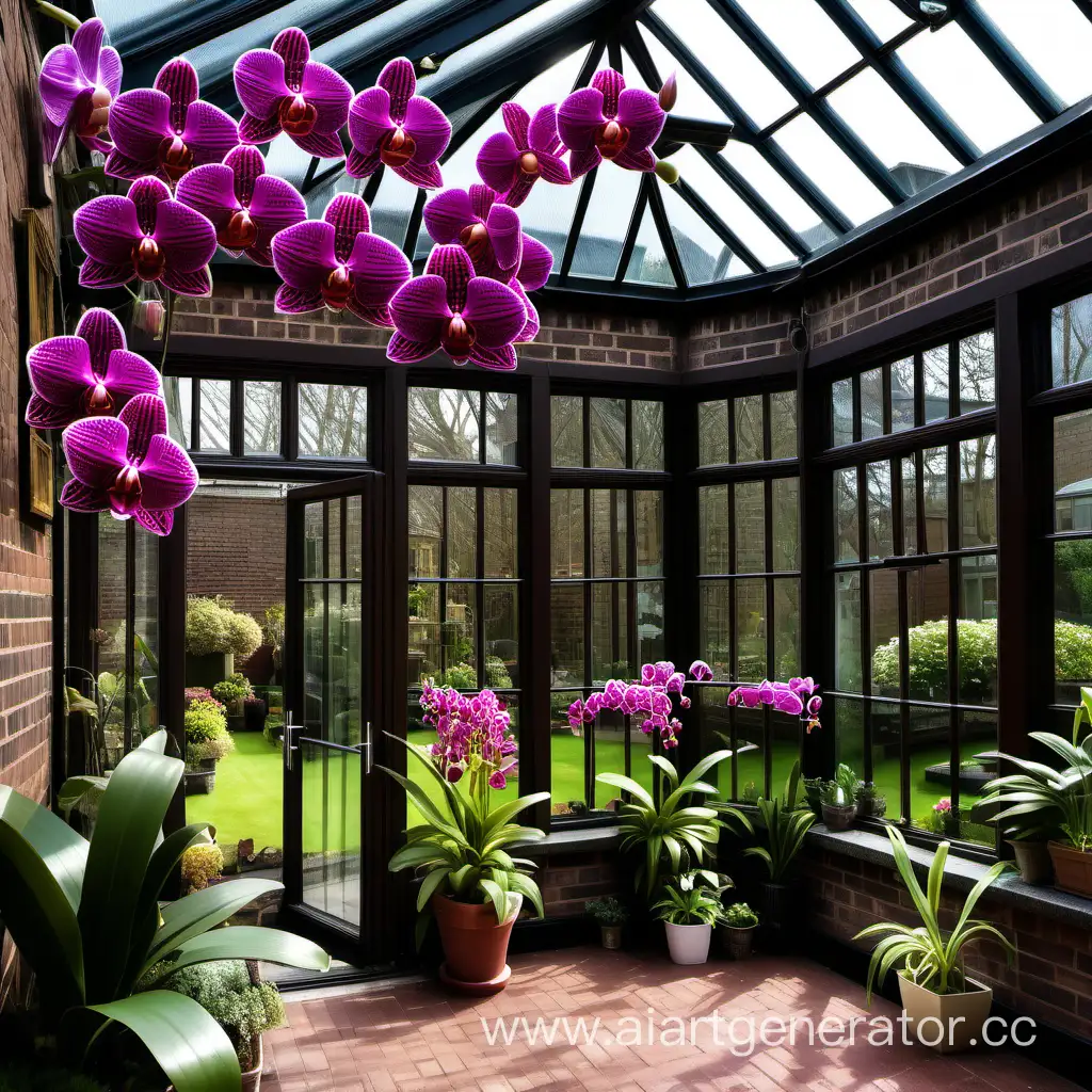 сгенерируй оранжерею с большими окнами в загородном тёмно- коричневого цвета кирпичном доме с акцентом на орхидеи цветущие в оранжереи