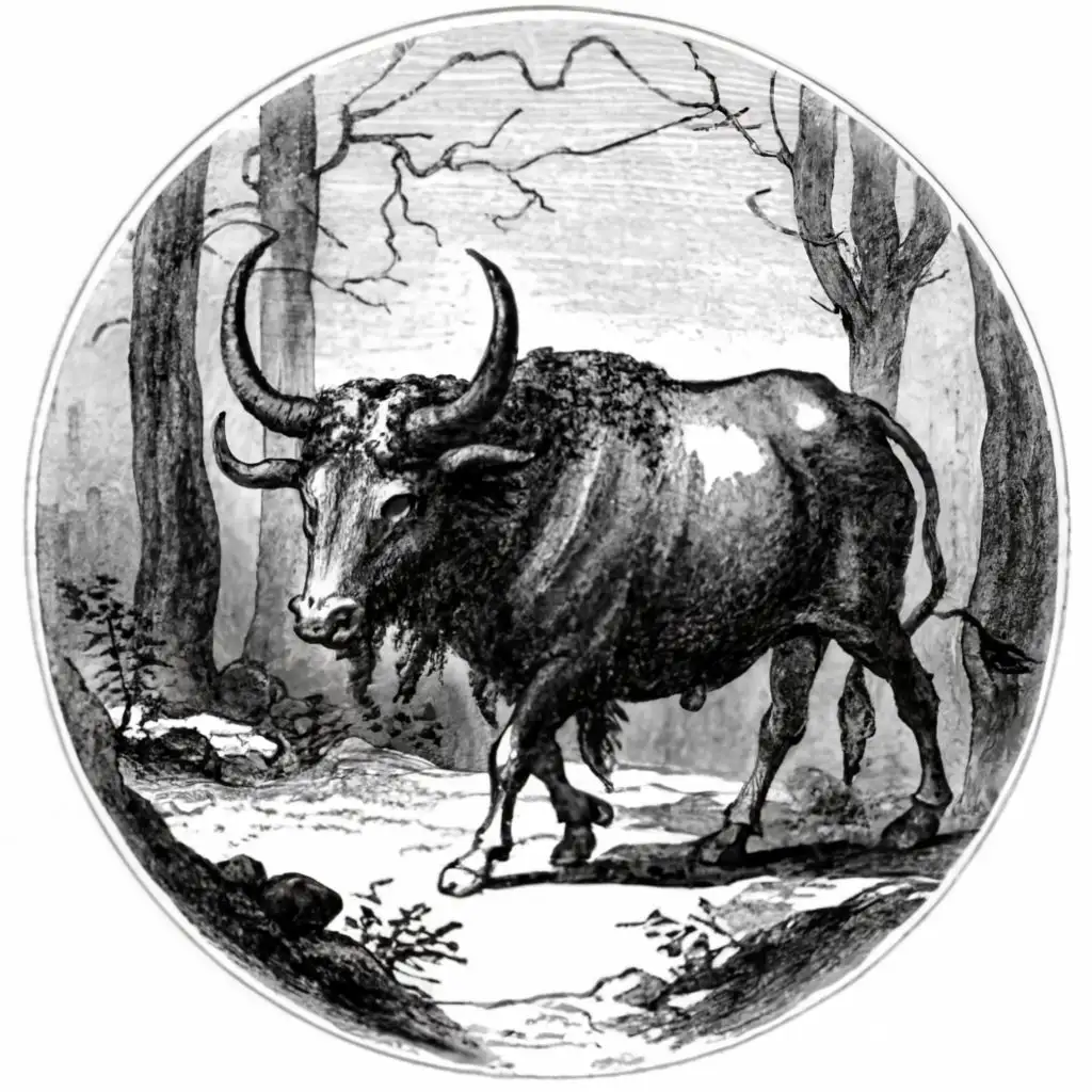a zombie ox being led by a hunched shrouded ghost, walking down an empty forest trail, engraving