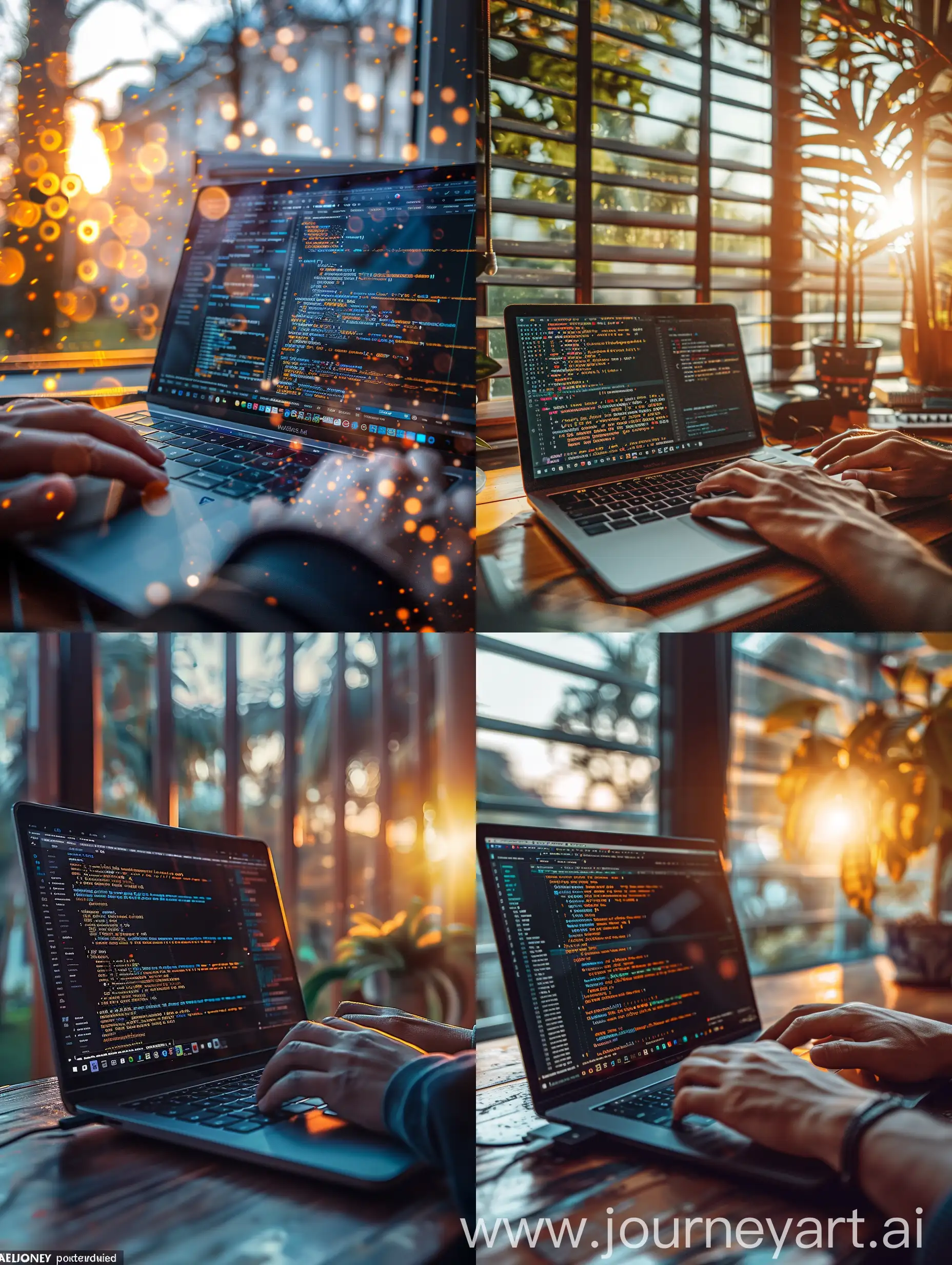 A front shot through the perspective of the first person of a laptop used in programming and has code on the Visual Studio application and shows the hand of a man using the laptop, the environment is a room for this person and it is a normal room but full of technological things, in the daytime, wonderful sunlight appears, cinematic photography, fresh and dynamic colors, there is blurry on the screen. --ar 3:4 --s 300 --style raw --v 6 