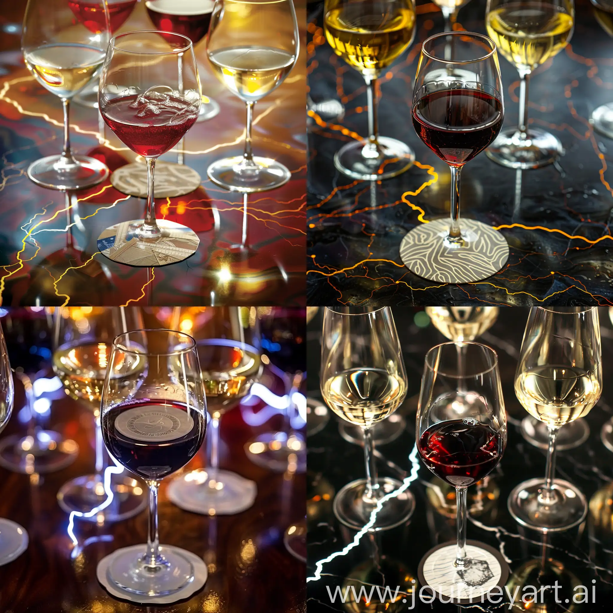 5 wine glasses on table of which one glasses is in center and has red wine while others have white wine, the center wine glass has a round paper coaster placed on top of the glass, the image has dramatic lightning