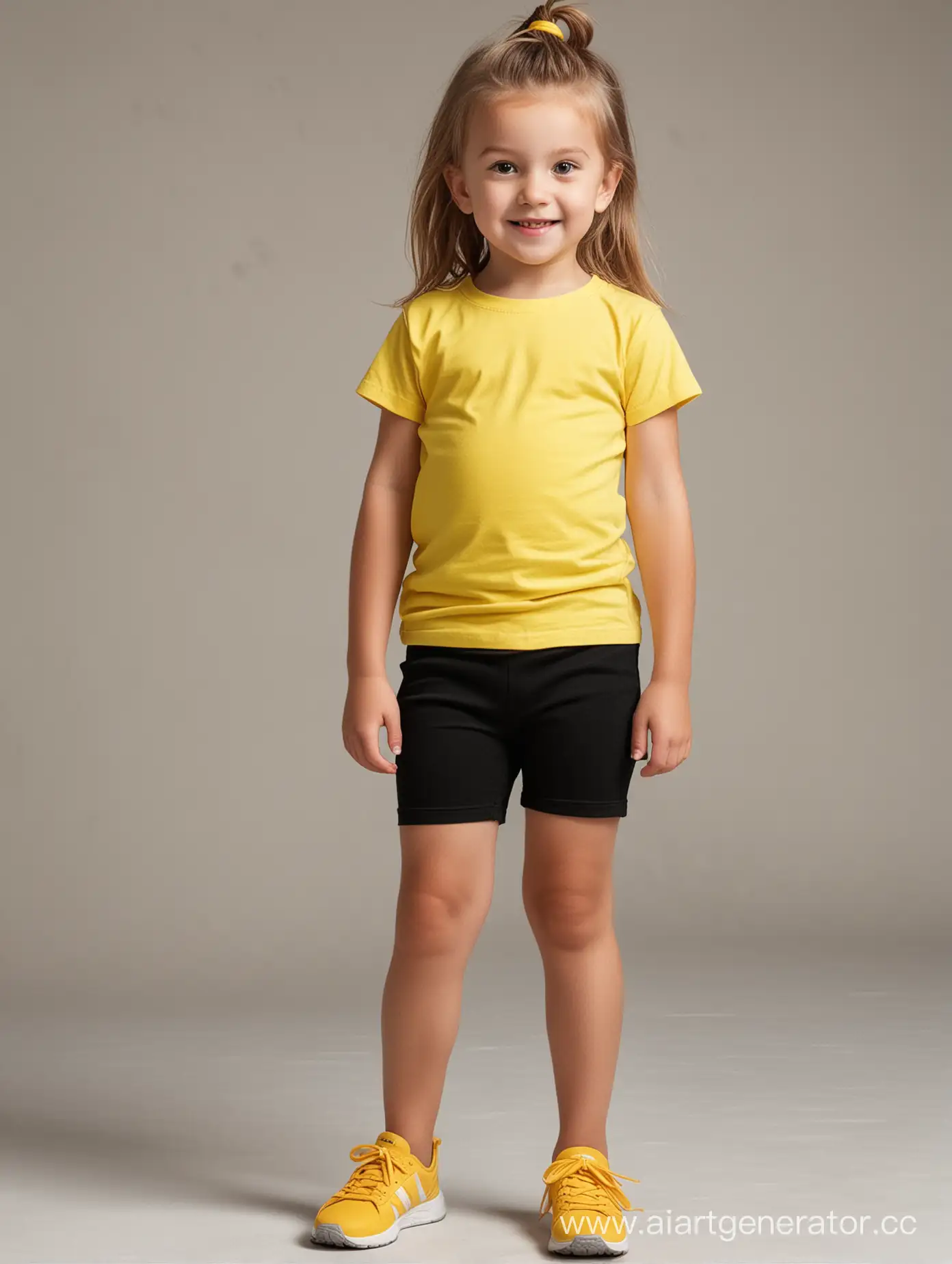 Создай изображение мальчика 5 лет в белой футболке и черных шортах в полный рост и девочки 5 лет в ярко желтой футболке и черных леггинсах в полный рост