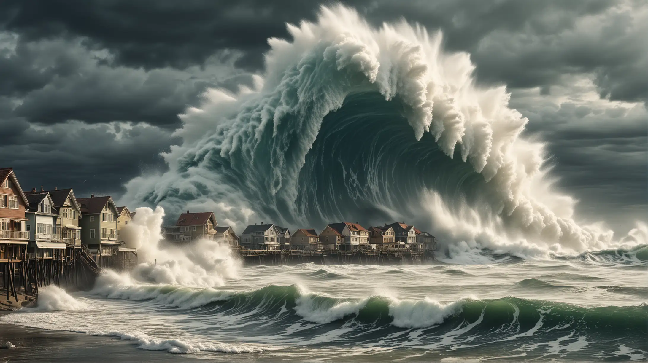 A big tsunami coming to a town.

Big disaster 