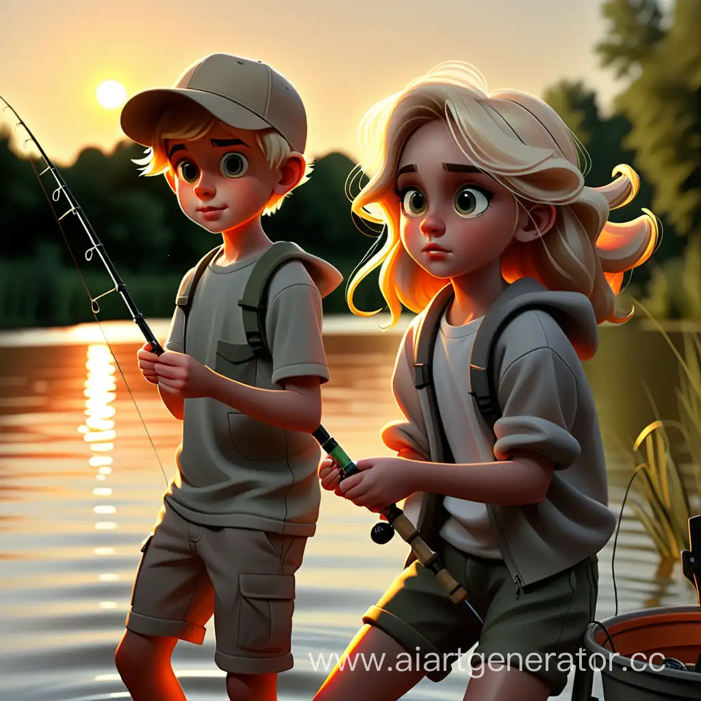 Девушка и парень со светлыми волосами рыбачат на реке на закате