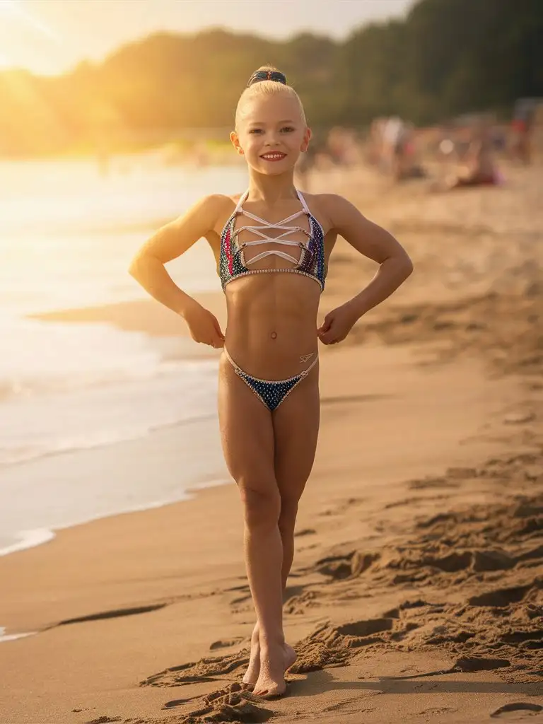 8 years old rhytmic gymnast girl, blond hair, extremely muscular abs, showing belly, string swimsuit at Odessa beach