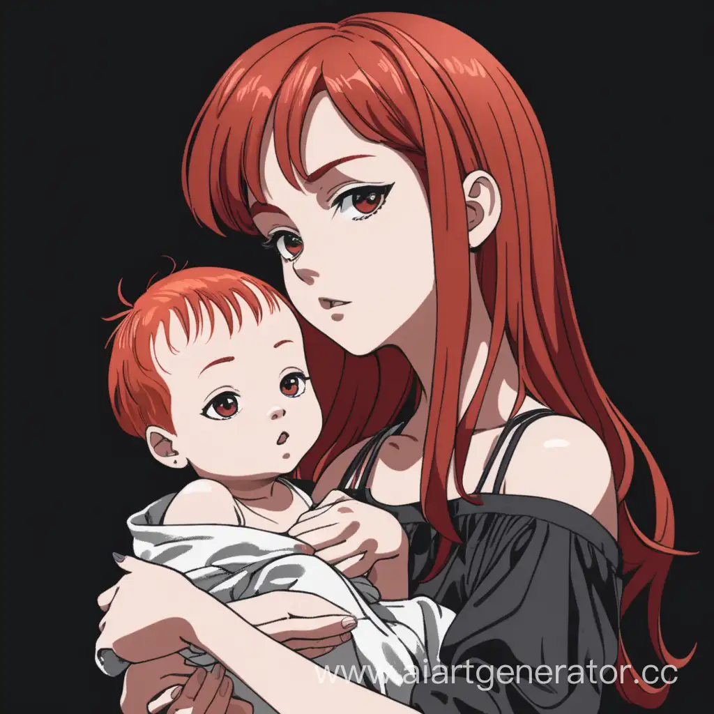 девушка с красными волосами на чёрном фоне с отрешённым взглядом держит новорожденного ребёнка в руках, в стиле аниме