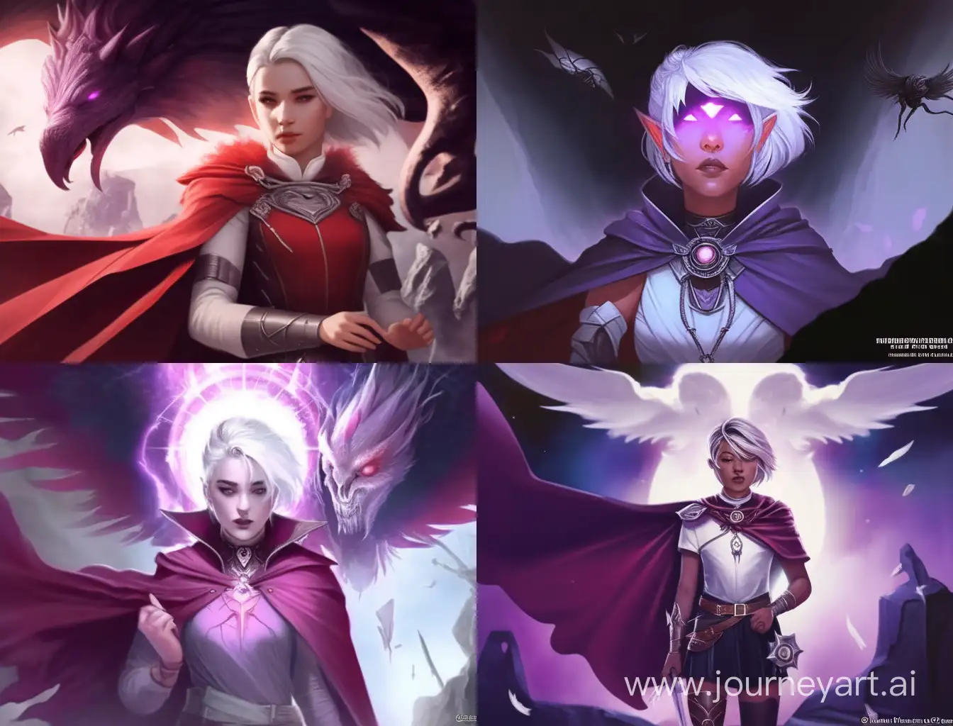 1970's dark fantasy book cover paper art dungeons and dragons style drawing of woman, black eyes, short white hair with long front strands, thin build, plump black lips, lilac wings, red halo, black top and shorts, burgundy cape, white skin, silver jewelry with minimalist far perspective