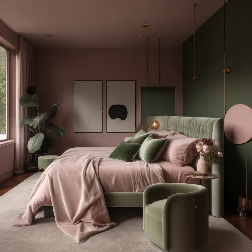 Luxury MidCentury Modern Bedroom Design with Dusty Pink Walls and Sage Green King Size Bed