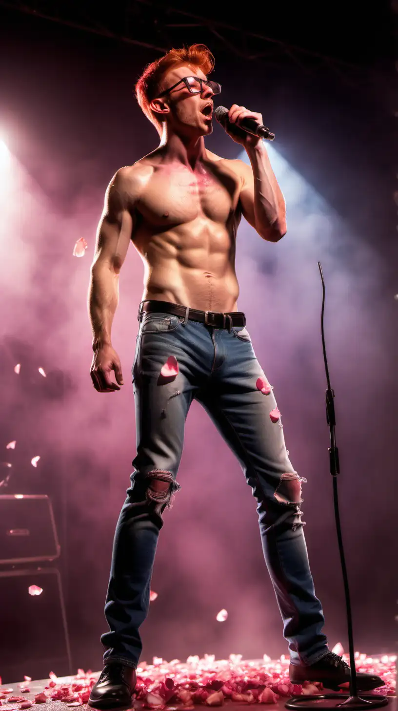 Handsome redhead male rockstar singing careless whisper on stage pink spotlights mic stand rose petals falling short hair glasses stubbles tanned shirtless muscular torn jeans very sweaty oiled up dripping wet show hairy chest show abs show legs full body mic stand 