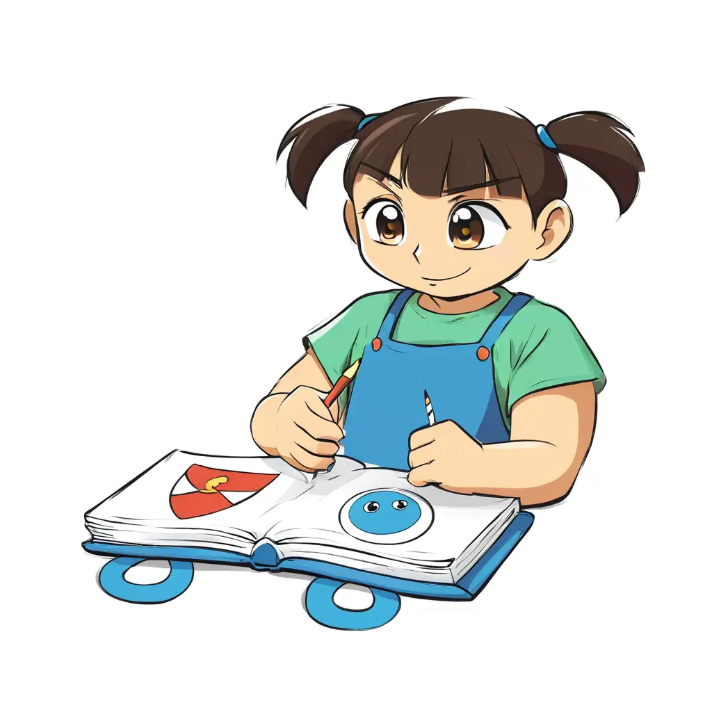 4 years old child playing with a soft book at a table, the book is on the table, the eyes are opened, anime style