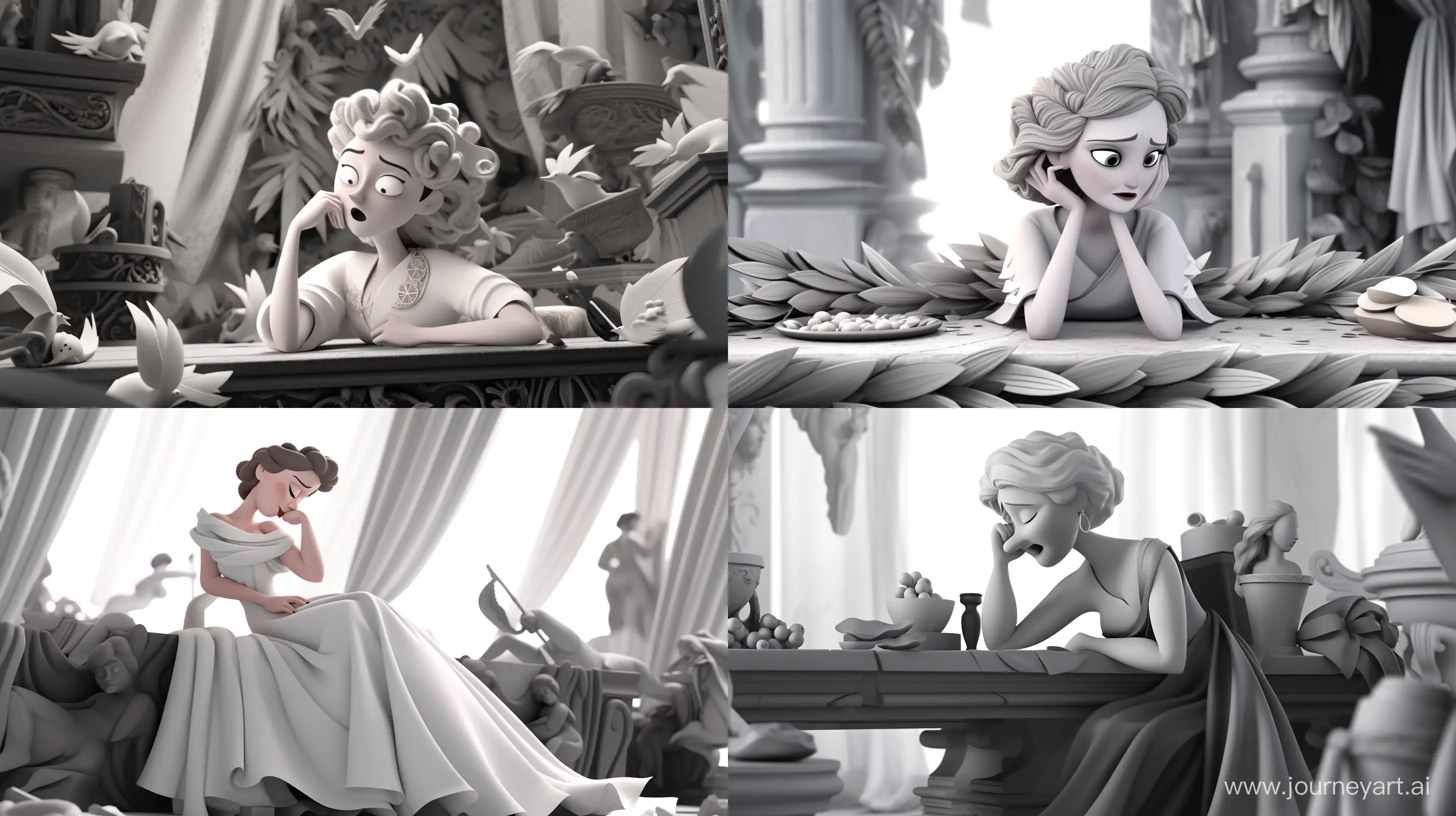 a greek goddess having troubles with her life and worrying about everything, in the style of black and white and gray, 3D animation, pixar style --niji --ar 16:9