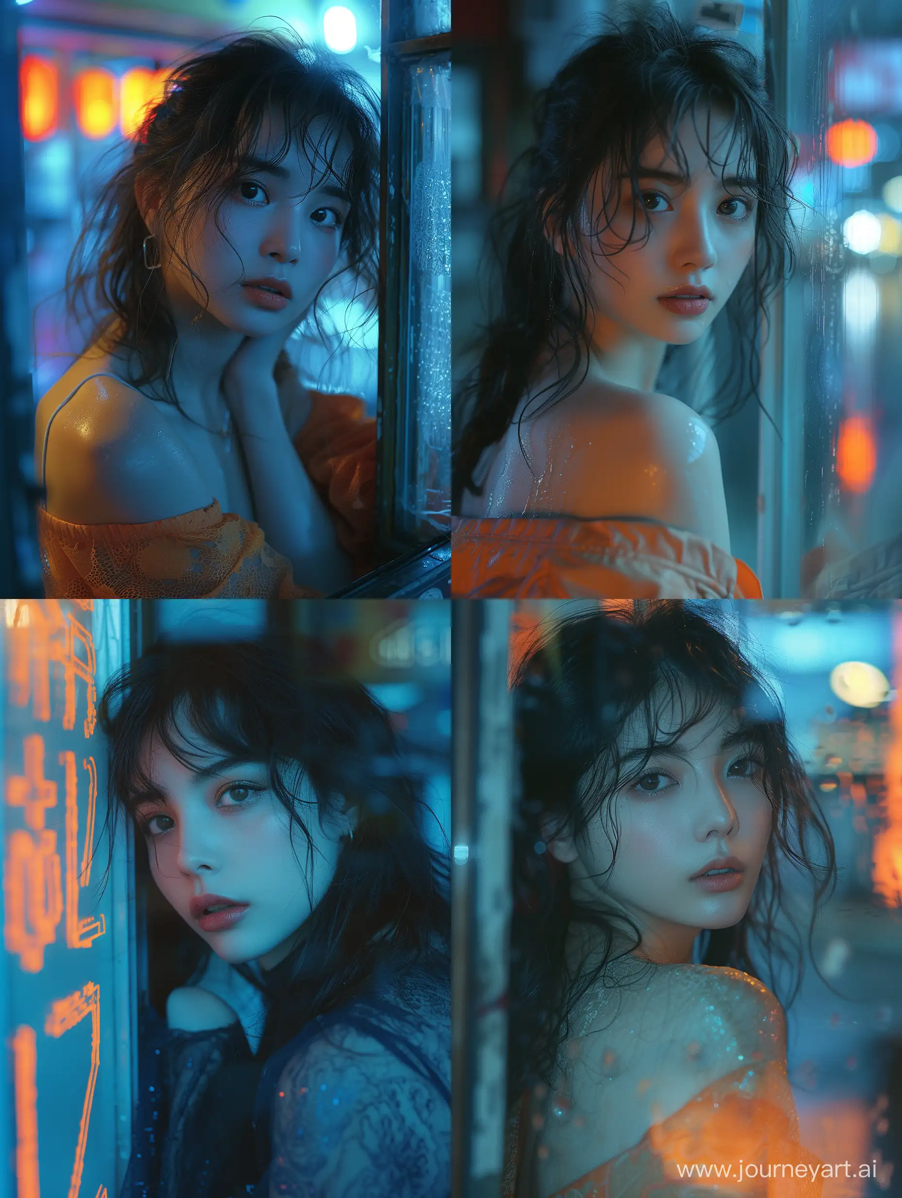 a girl is posing while looking out a window, in the style of japanese photography, dark cyan and orange, film/video, chinapunk, traditional street scenes, pop inspo, captivating gaze --stylize 750 --v 6