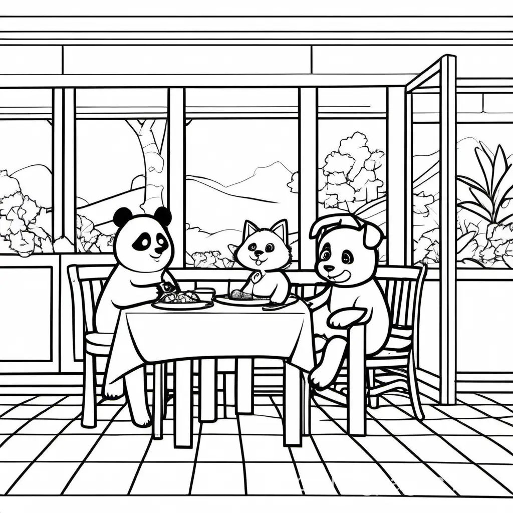 Panda bear  with dog cat at a  restaurant, Coloring Page, black and white, line art, white background, Simplicity, Ample White Space. The background of the coloring page is plain white to make it easy for young children to color within the lines. The outlines of all the subjects are easy to distinguish, making it simple for kids to color without too much difficulty