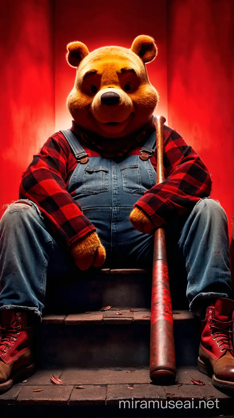 a menacing version of Winnie The Pooh seated on a lone set of iron stairs. He\'s clad in a tattered red checked, long-sleeved shirt, paired with worn-out denim overall and menacing, scuffed brown boots. Gripped tightly in both paws is a big baseball bat. while crimson red light casts an ominous glow over the scene, red lighting, photo realistic,cinematic,HDR.