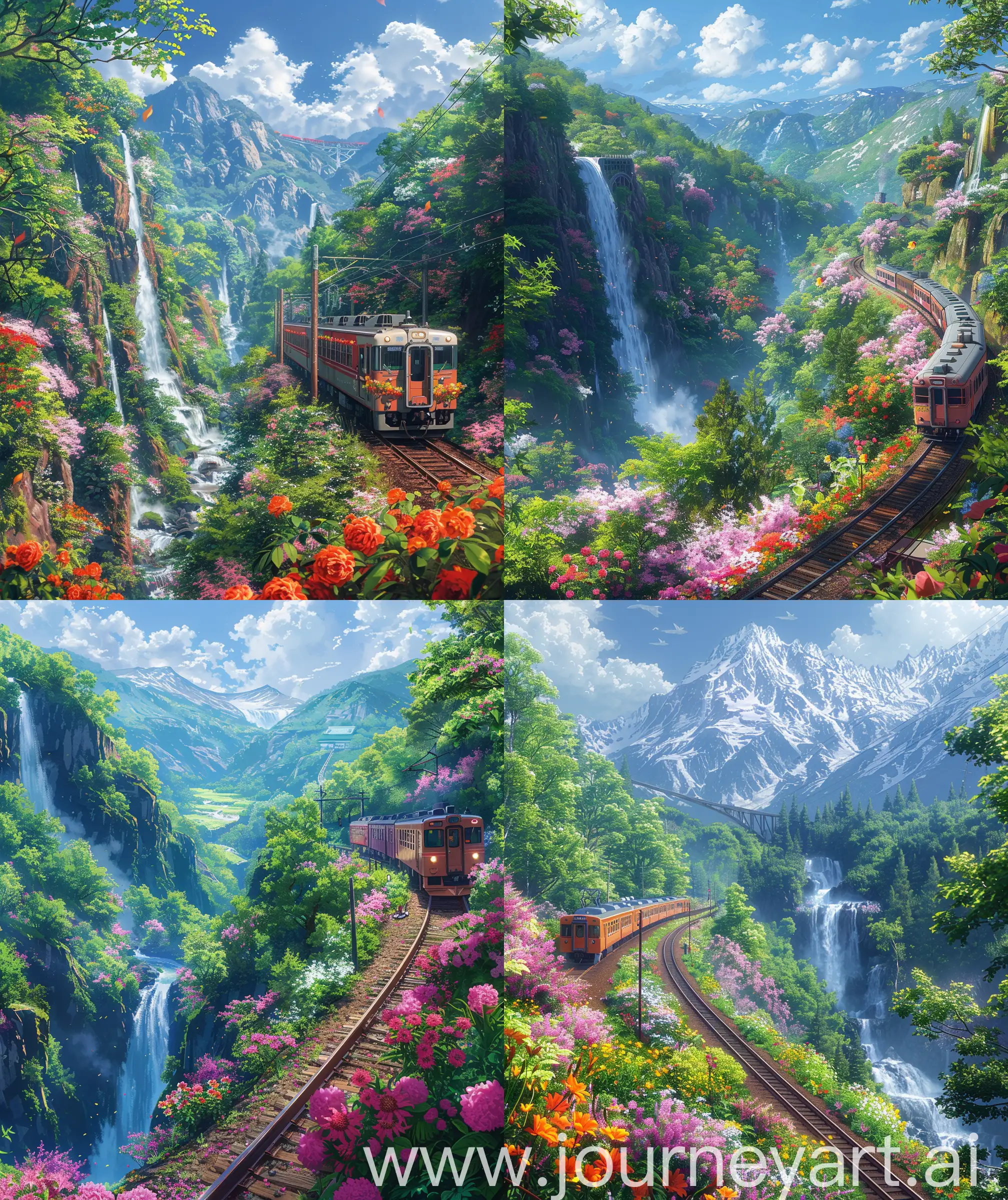 Beautiful anime scenery, mokoto shinkai style, beautiful train , decorating with flowers, waterfall and valley view besides train track, "amazing and adventure look", beautiful anime scenery, illustration, ultra hd, High quality, sharp details,no blurry image no hyperrealistic --ar 27:32 --s 600