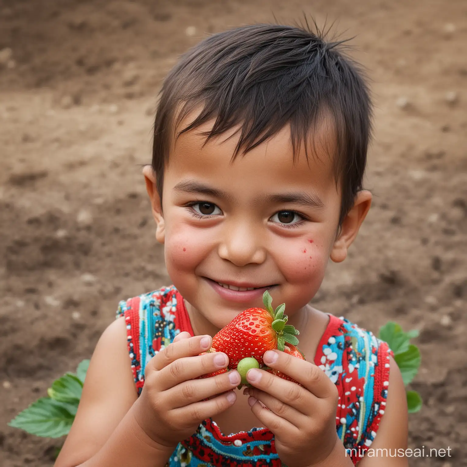 Young uzbek child with strawberry on the hand