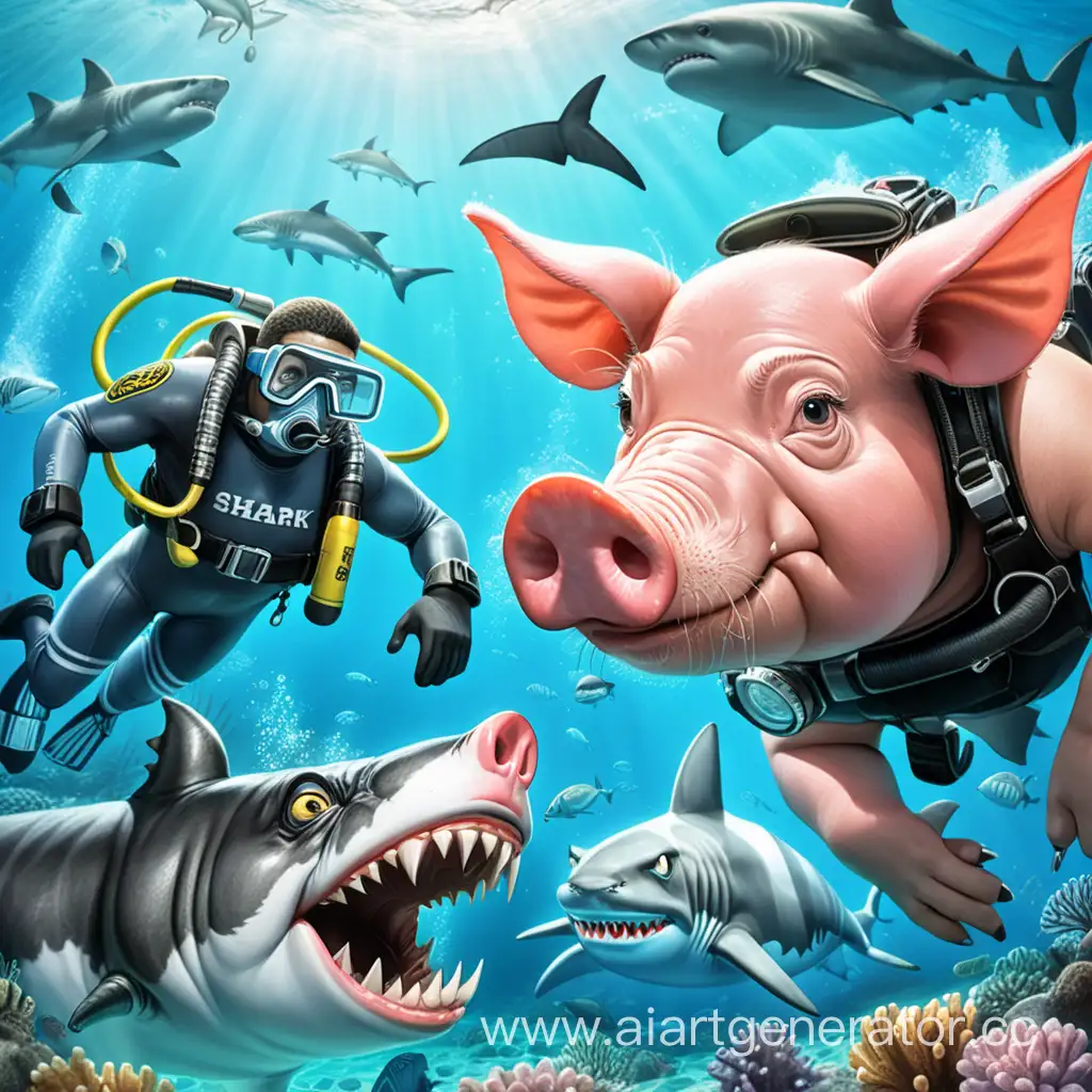 Свинья в дайвинг оборудовании плавает вместе со своим серым котом а на них нападает большая акула в под водой 