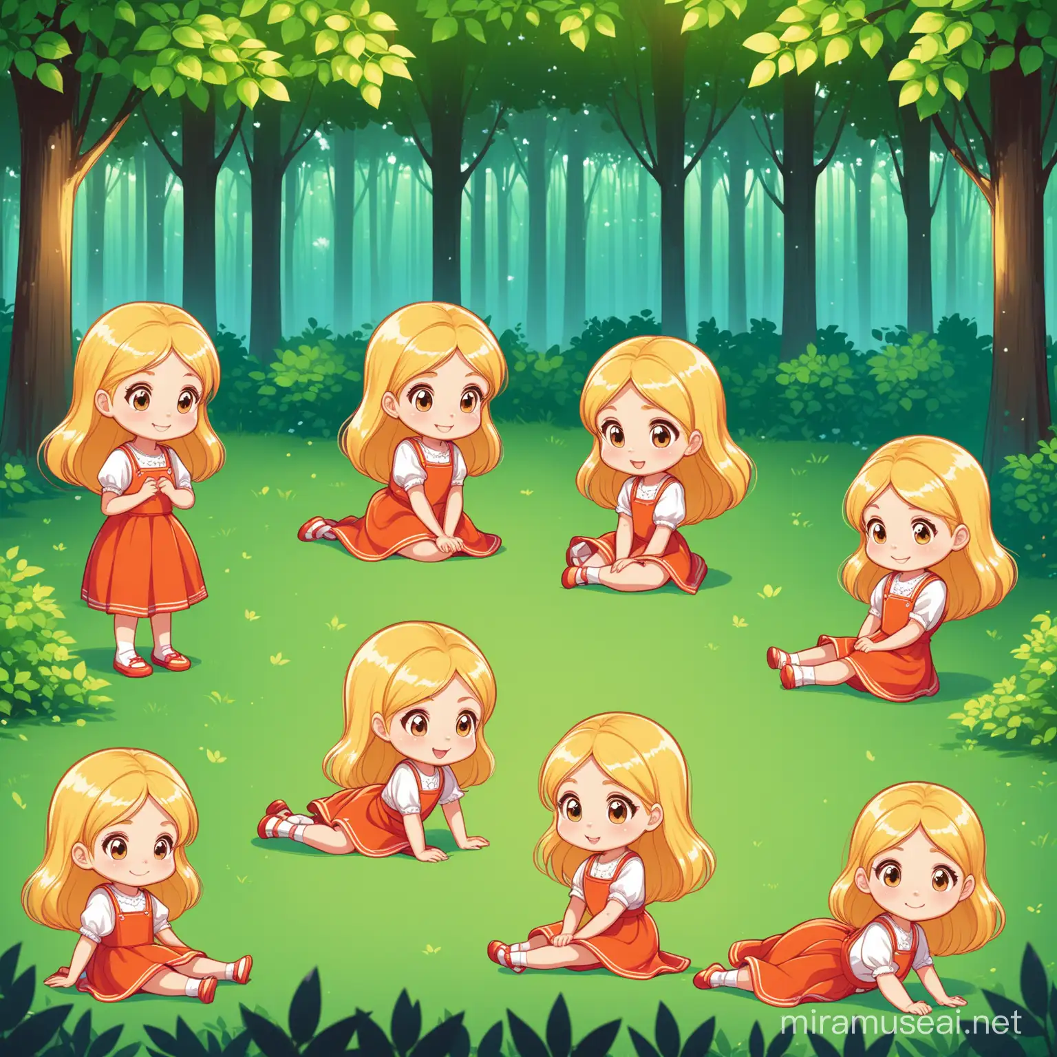 Nine concepts of a young girl 5, blonde in different positions for animated childrens book near a forest