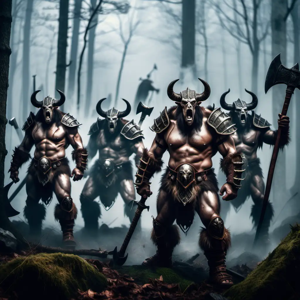 un grupo de minotauros guerreros, con armaduras y hachas preparados para la batalla, en un bosque con niebla