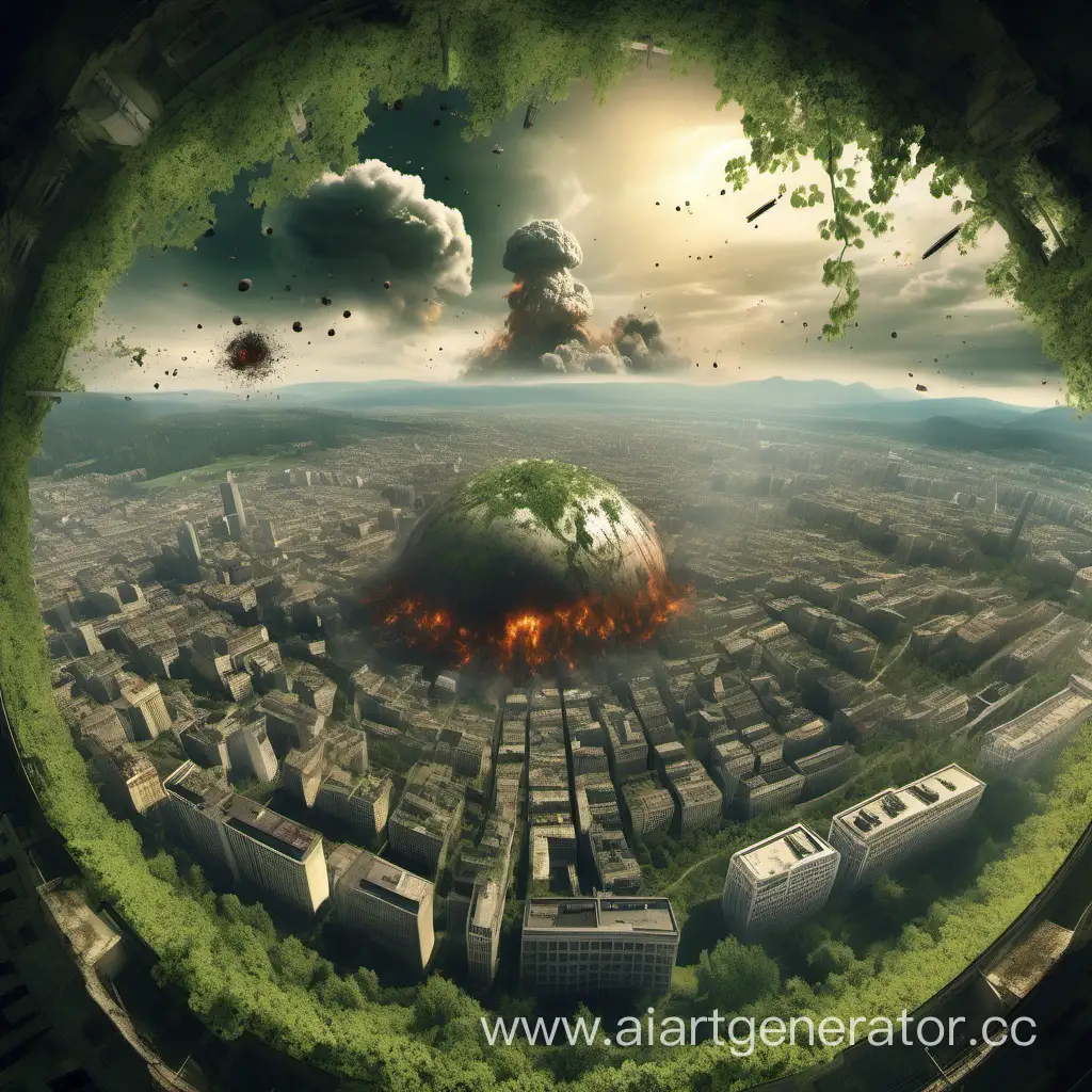 post-apocalypse, we see Europe from above, everything is destroyed, many explosions, a nuclear explosion on the horizon, only over Switzerland, there is a small transparent dome and there is a lot of greenery