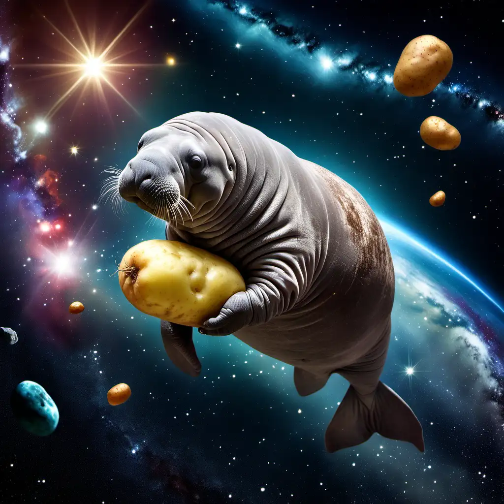 A majestic and magical manatee in space, holding a potato