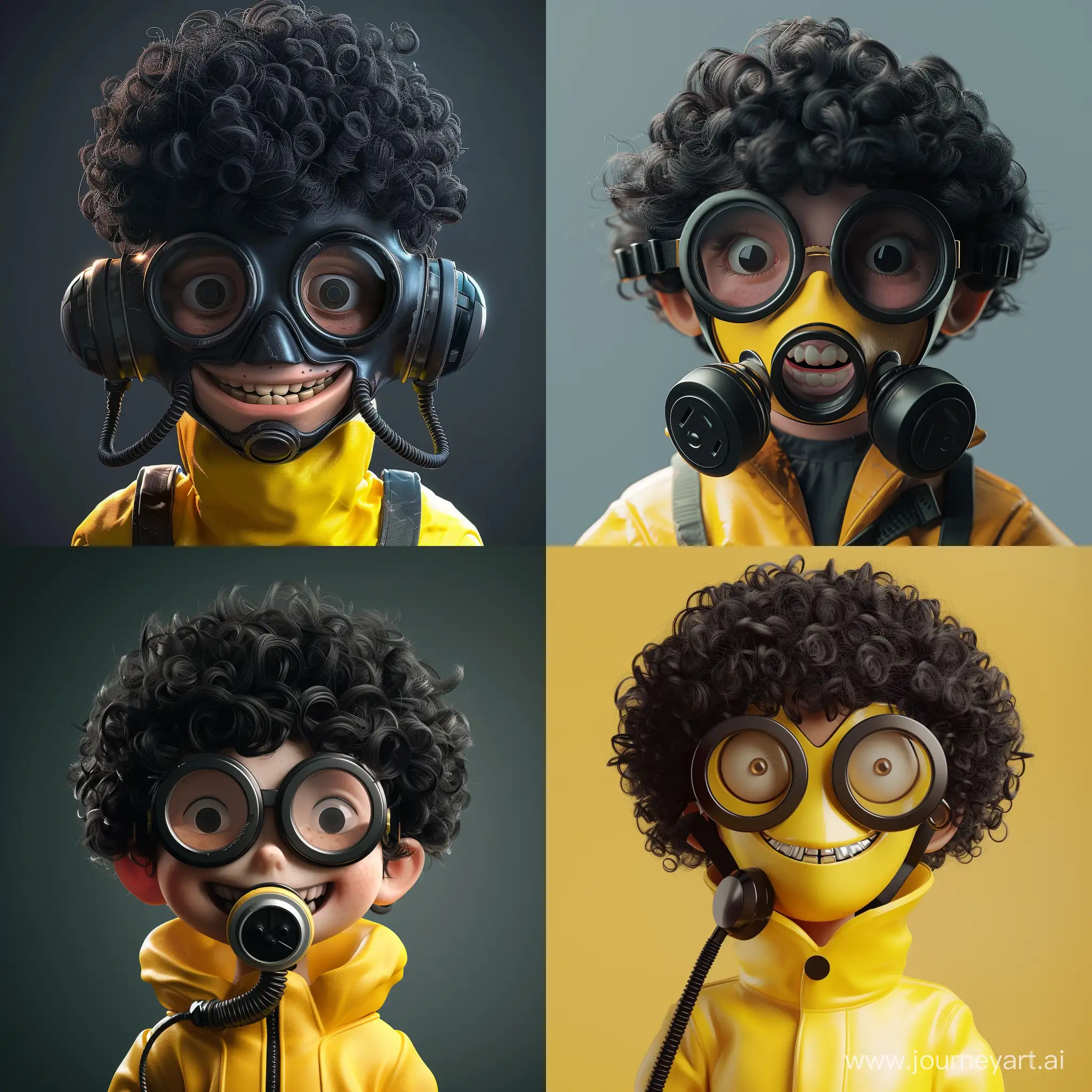 黒髪ミディアムパーマヘア,黒いふちの丸メガネ,笑顔,ガスマスク,男の子,3D,コミック,黄色い防護服