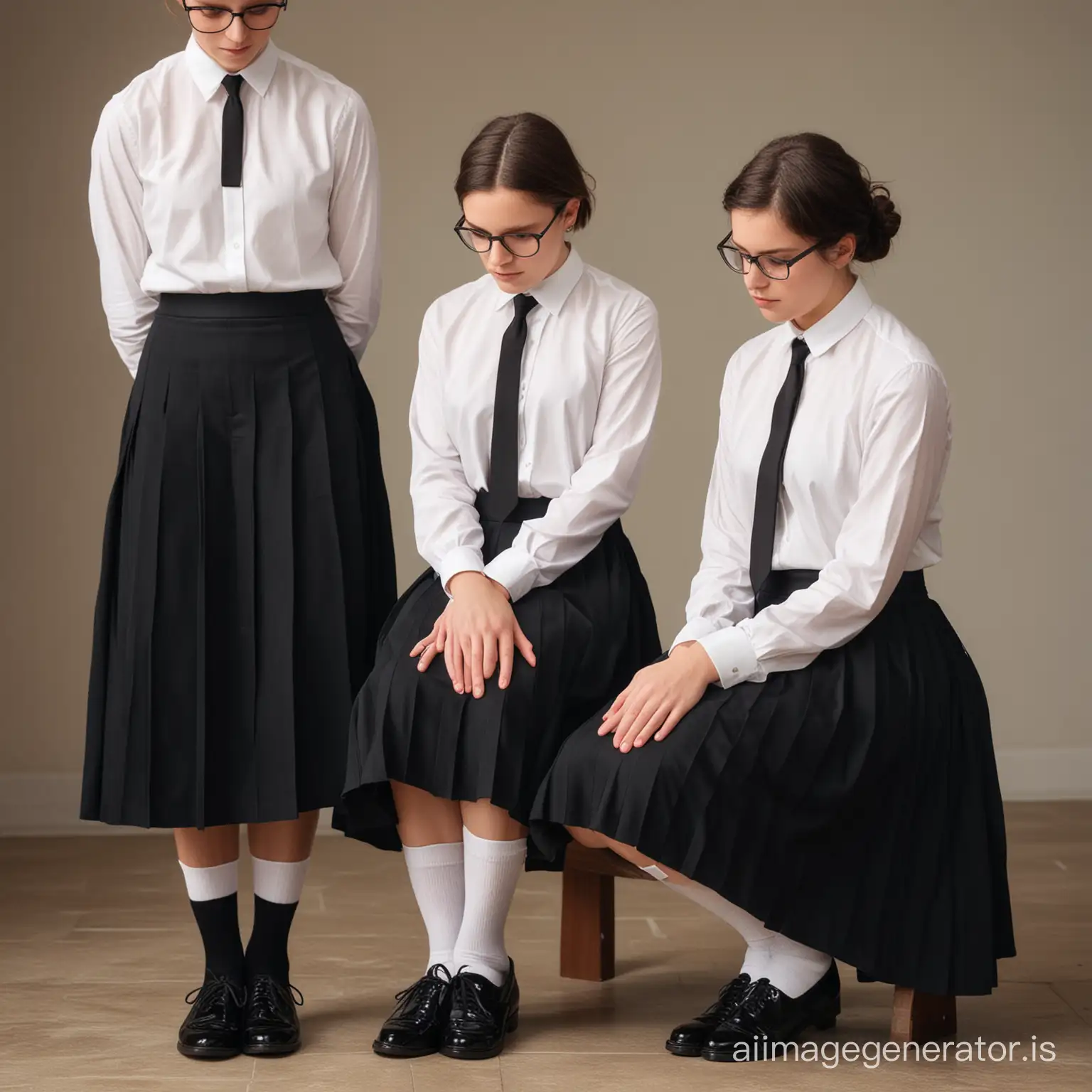 two young catholic postulant in prayer with short hair 
and glasses dressed in a black long pleated skirt that covers her knees 
and a white blouse with black tie white knee high socks and black mary jane flat shoes
