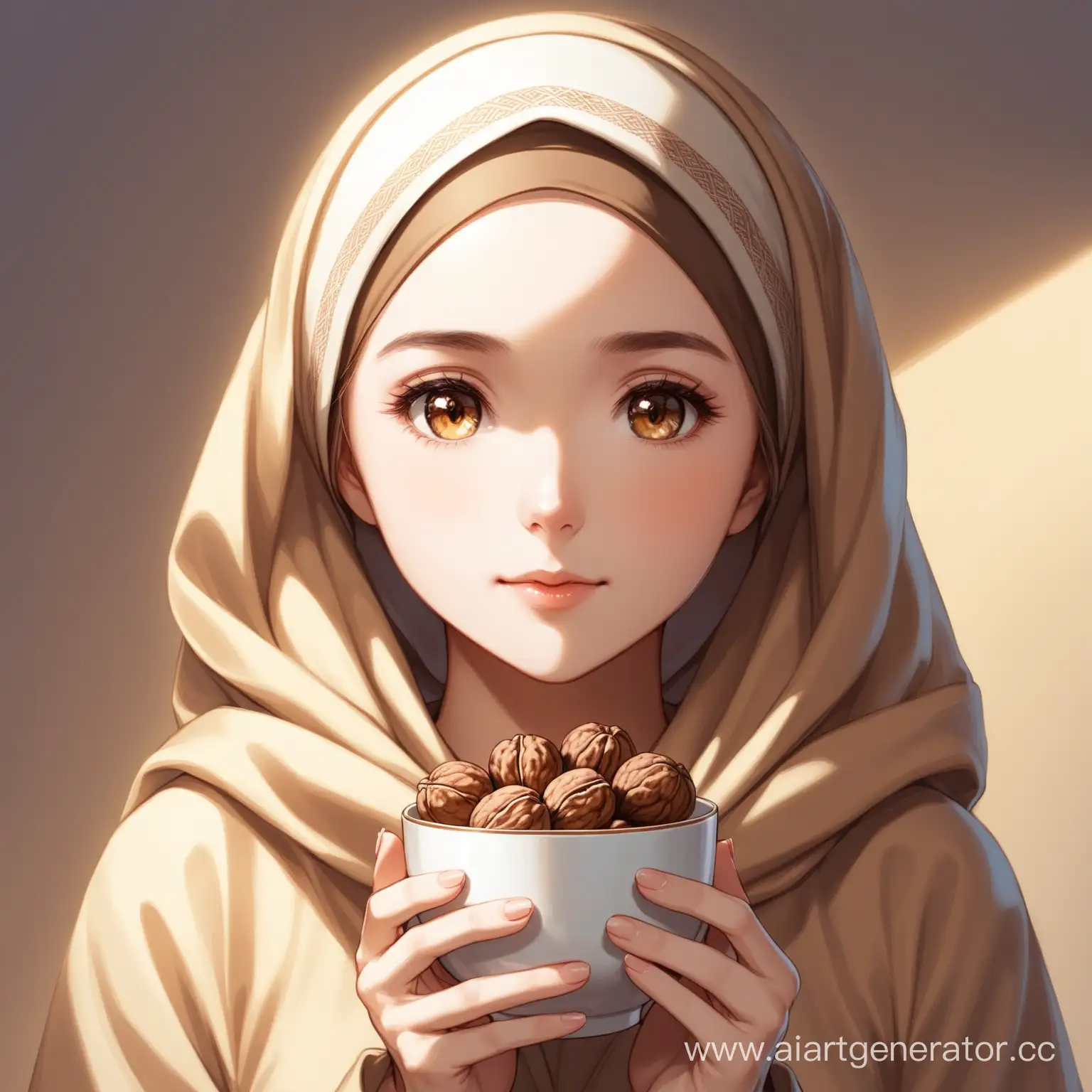 девушка с покрытой платком головой, в светлых оттенках, держит чашку грецких орехов в руках
