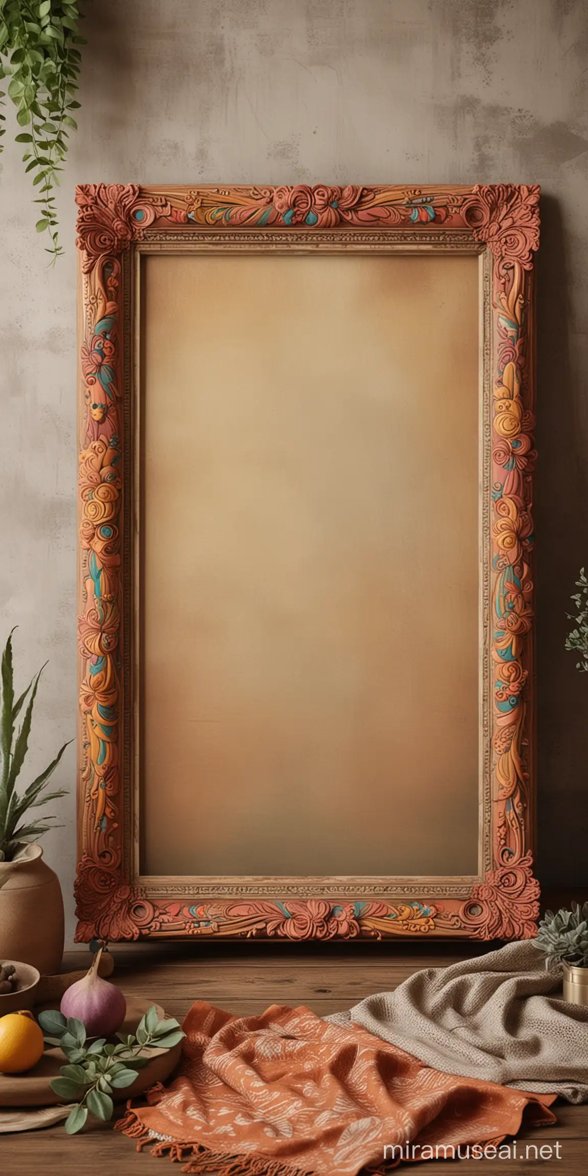 Bohemian Style A2 Frame Mockup with Vibrant Colors and Eclectic Materials