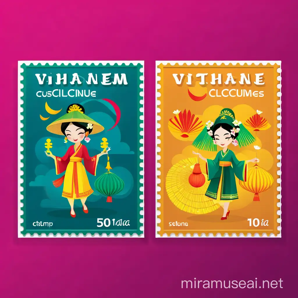 Create a stamp set with the theme of Vietnamese costumes, in the style of colorful vector shapes, the character must have a full face and be dancing and singing.

