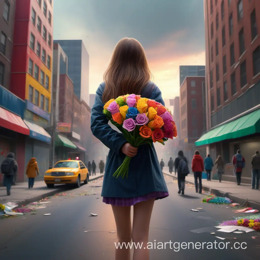картинка к 8 марта. Большой город, много цветов  и одна молодая девушка стоит спинок к камере с букетом. Реалистичная