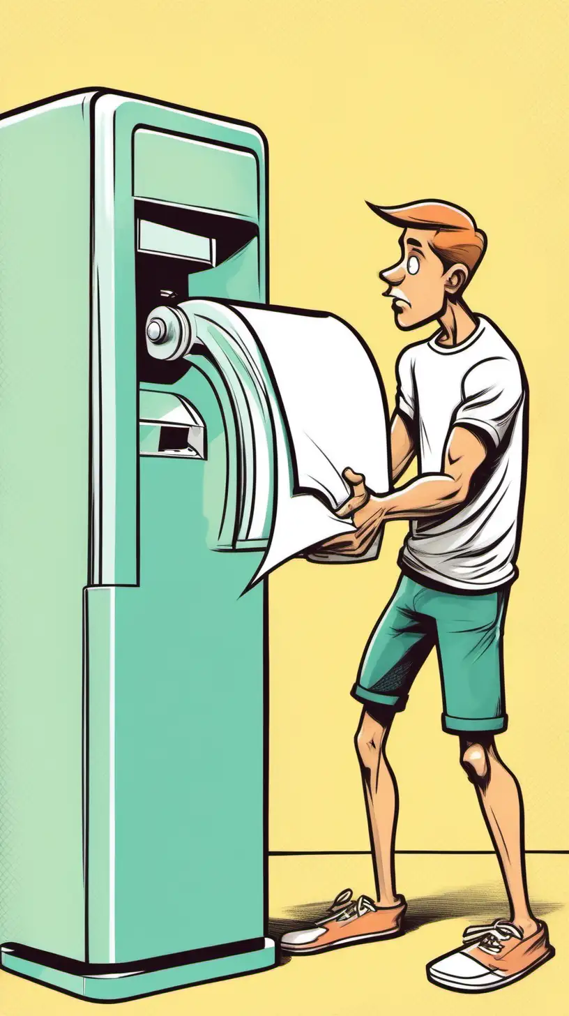 cartoony color.   From the side a young man pulls a paper towel from the dispenser.