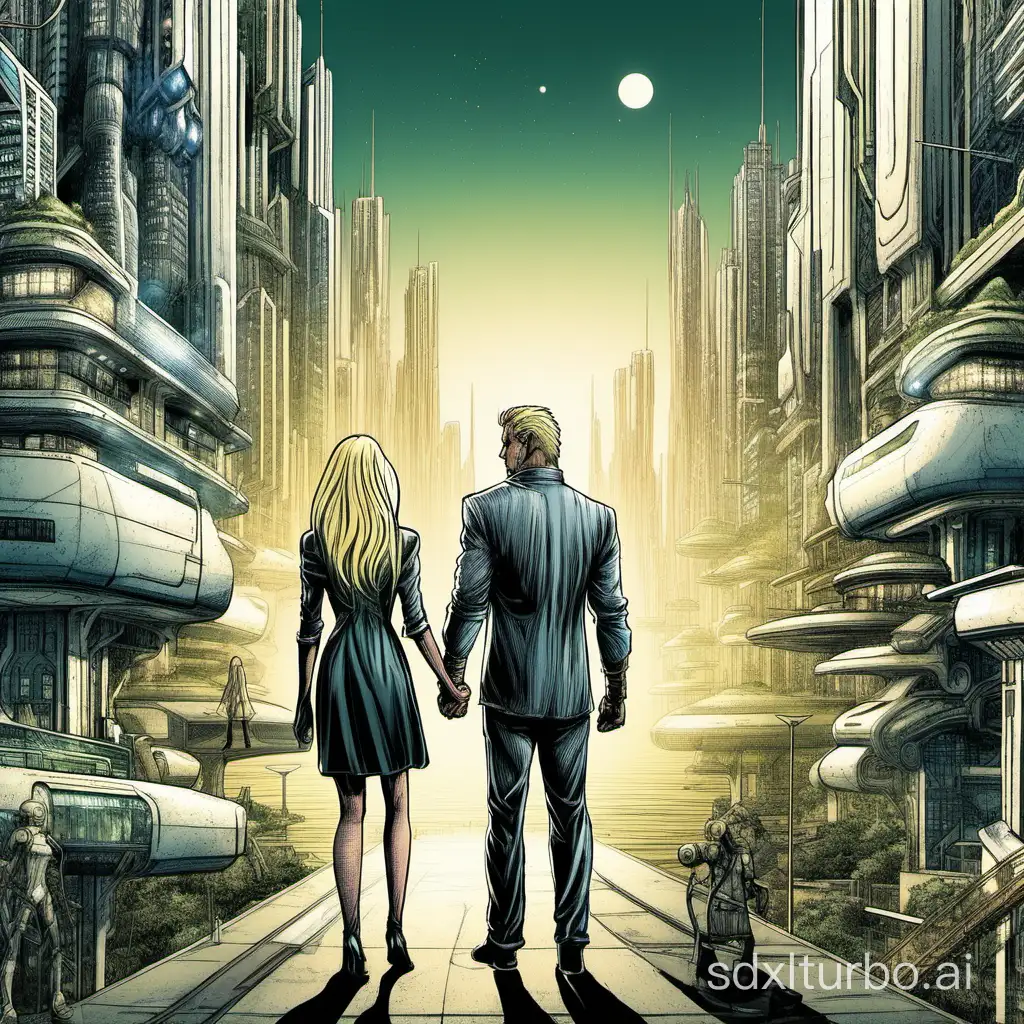 A future city, a blonde man and his wife
