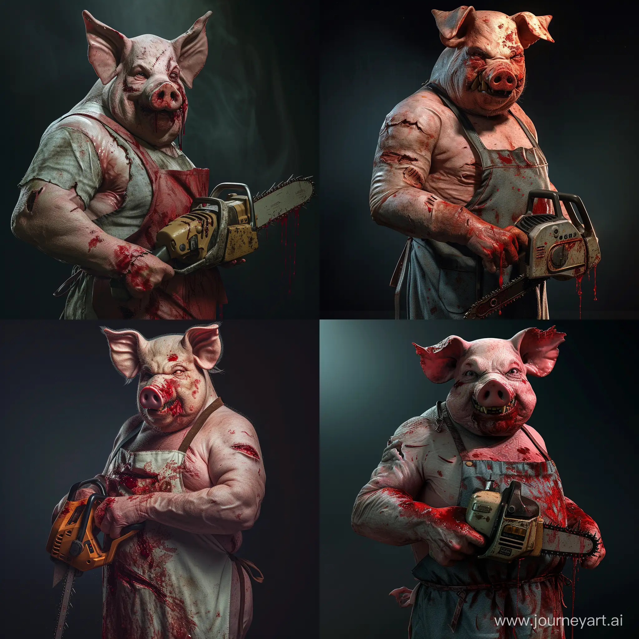 pig-man with chainsaw bloody in hands, Looking at the camera, realistic cinematic, in real life, not cartoon style, in a bloody apron and with a torn face, ugly, wrinkles and the like--style raw