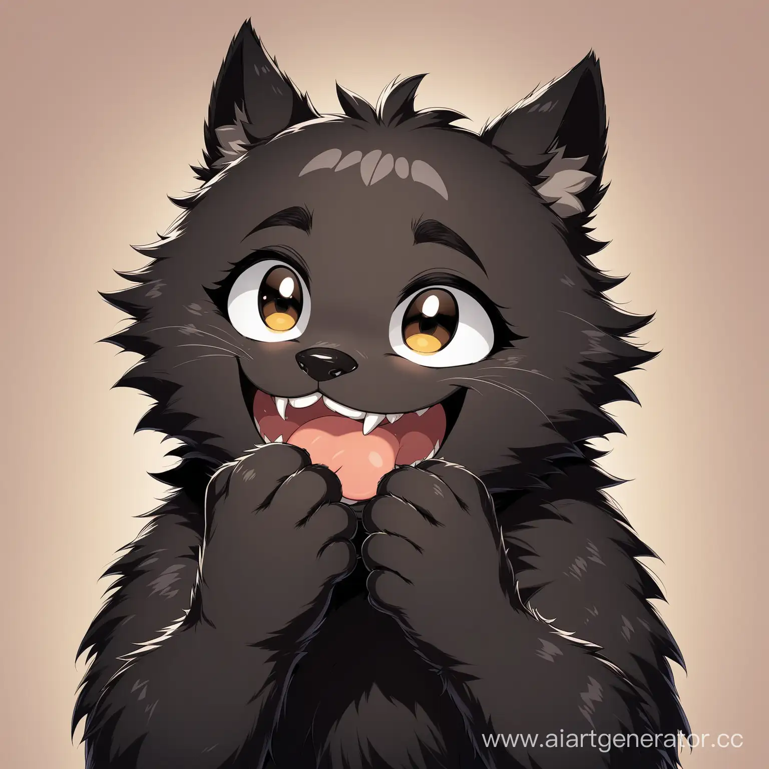 an anthropomorphic black furry holding their paw on mouth, giggling