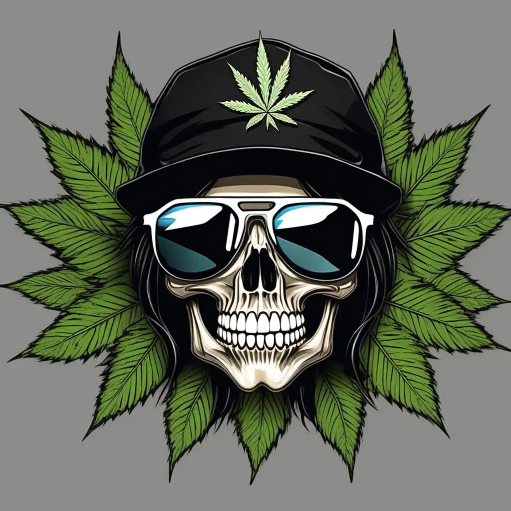 A detailed illustration a Dead Skull wearing trendy small round inspired shades , bandana with weed leaf, black rims, long hair, hippy, stoner, ,t-shirt design, t-shirt design, 3D vector art, 
cartoon effect ,Adobe Illustrator, hand-drawn, digital
painting, low-poly, soft lighting, retro aesthetic, focused on
the character, 4K resolution, photorealistic rendering, using Cinema 4D --s 750 --style raw

