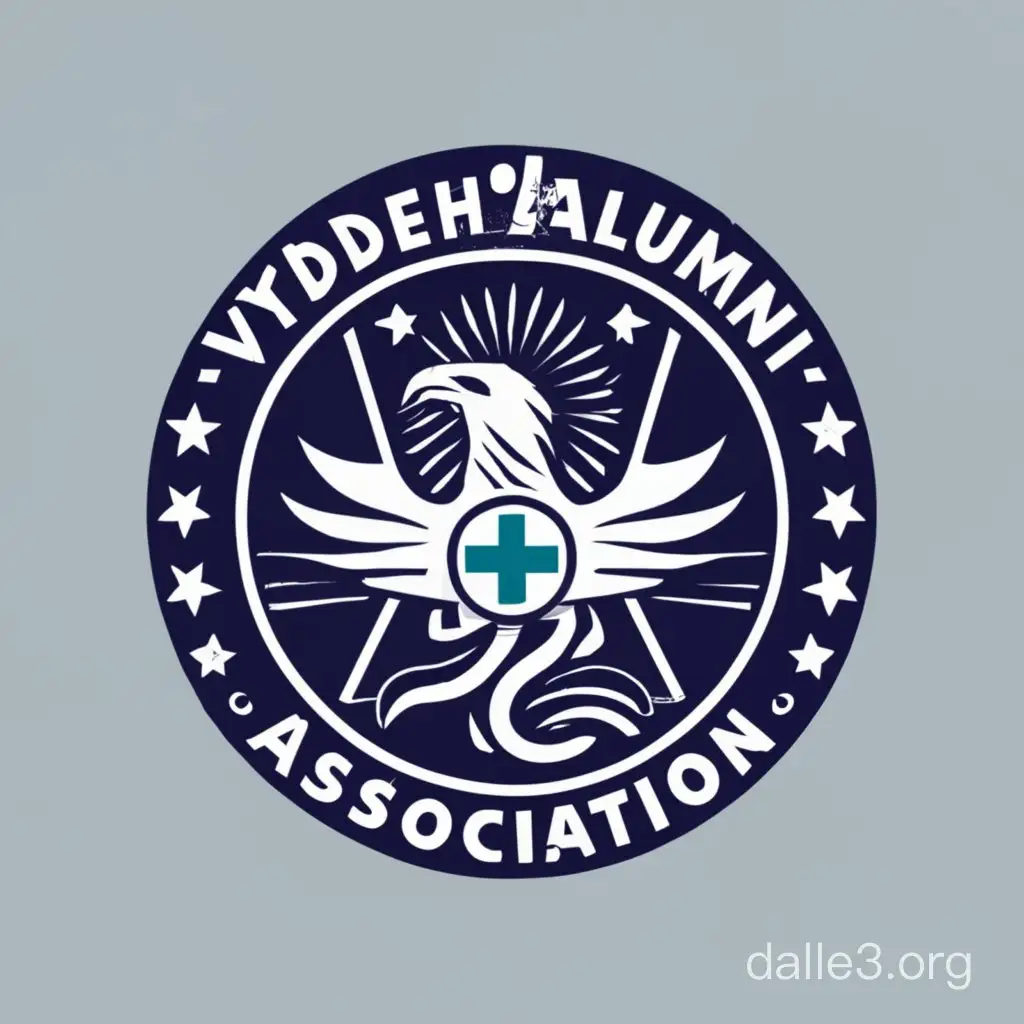 make logo of name "(vydehi alumini association)". It has a circular shape with  eagle and snake lie doctors logo . The logo is also stylized with inspirations from avengers theme, using the same colors and font as the marvel saga., in the style of suprematism, kaleidoscopic.