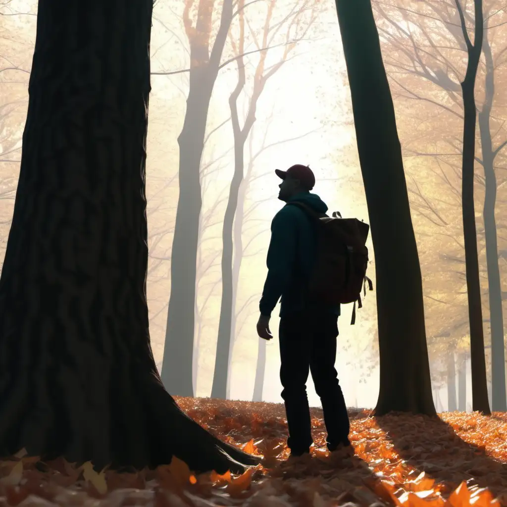 autumn forest, leaves are falling, trees all over, silhouette of bald guy with cap and backpack is leaning against a tree, looking away from camera, daylight, 1080p resolution, ultra 4K, high definition, volumetric light