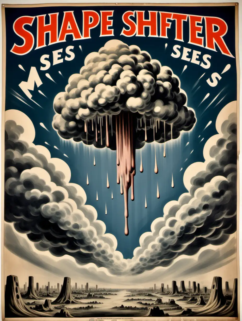 ancient hand painted protest poster, dripping wet, multiple atomic bombs clouds, randomly placed, 1920s look, with the text "SHAPE SHIFTER SEES MISTER" centred in the image, dull colour