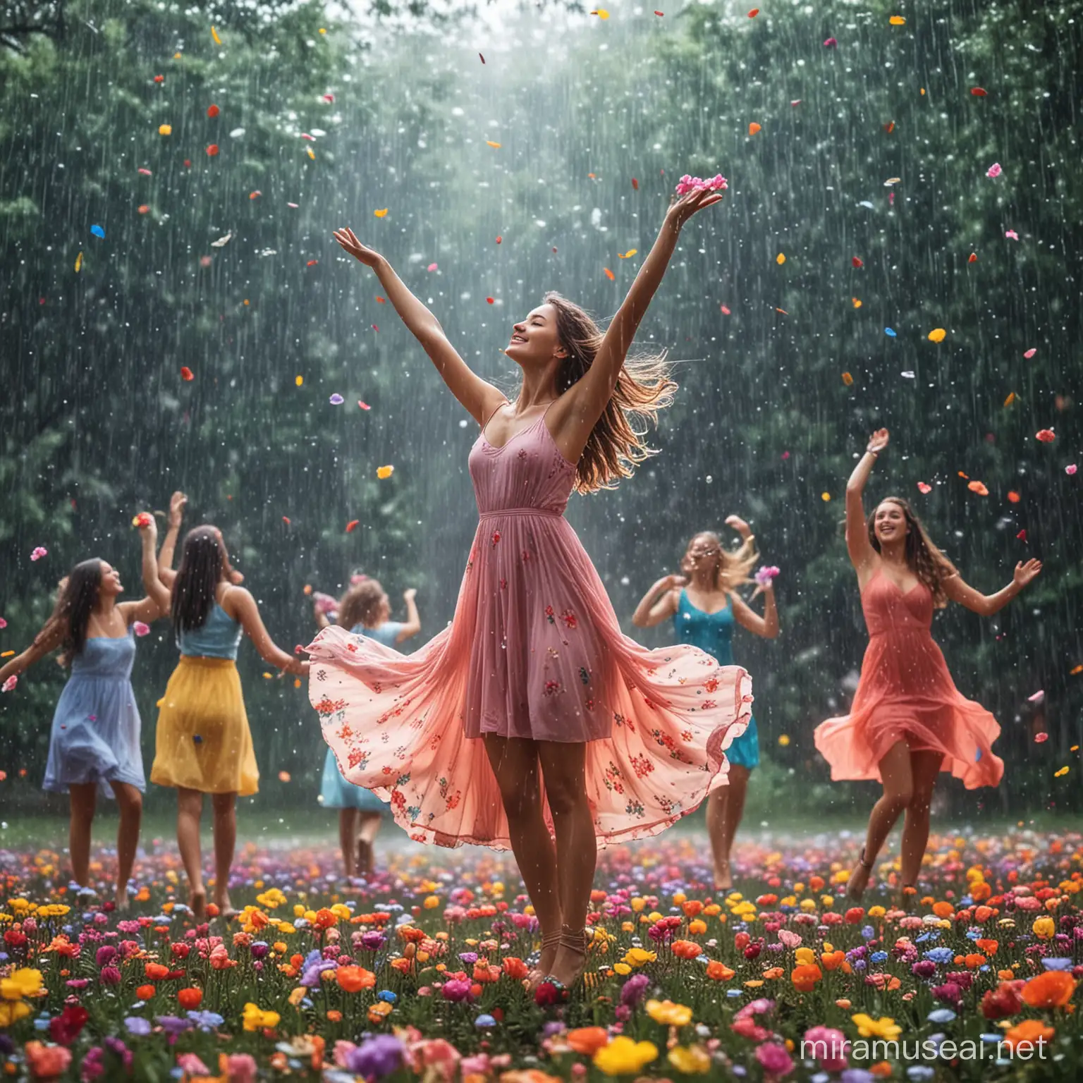 Colorful flowers are raining from the sky and beautiful girls are dancing below