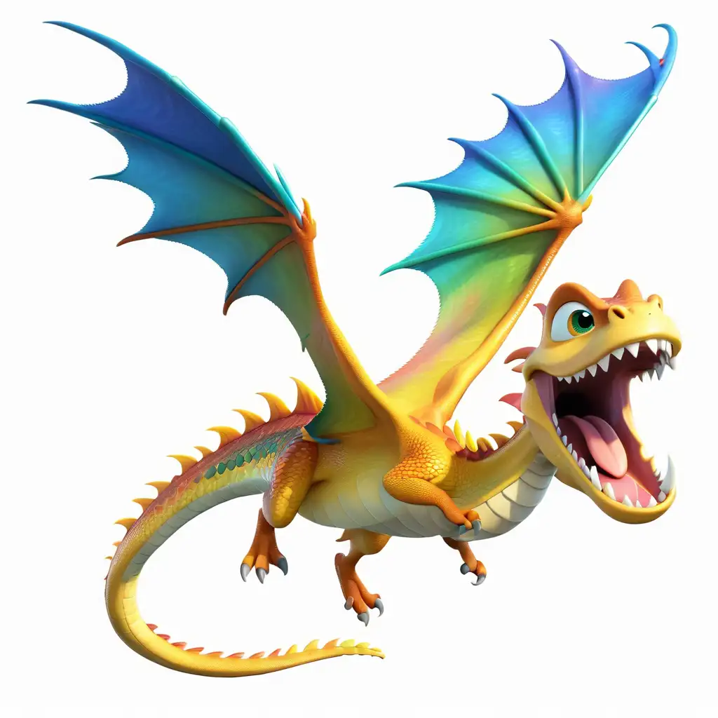 A cute cartoon dragon flying through the air, with blue and yellow scales, large wings spread out on its back, mouth open wide with sharp teeth, on a white background, in the style of Pixar, in the style of Disney, with 3D rendering, at a high resolution, with bright colors, creating a lively atmosphere