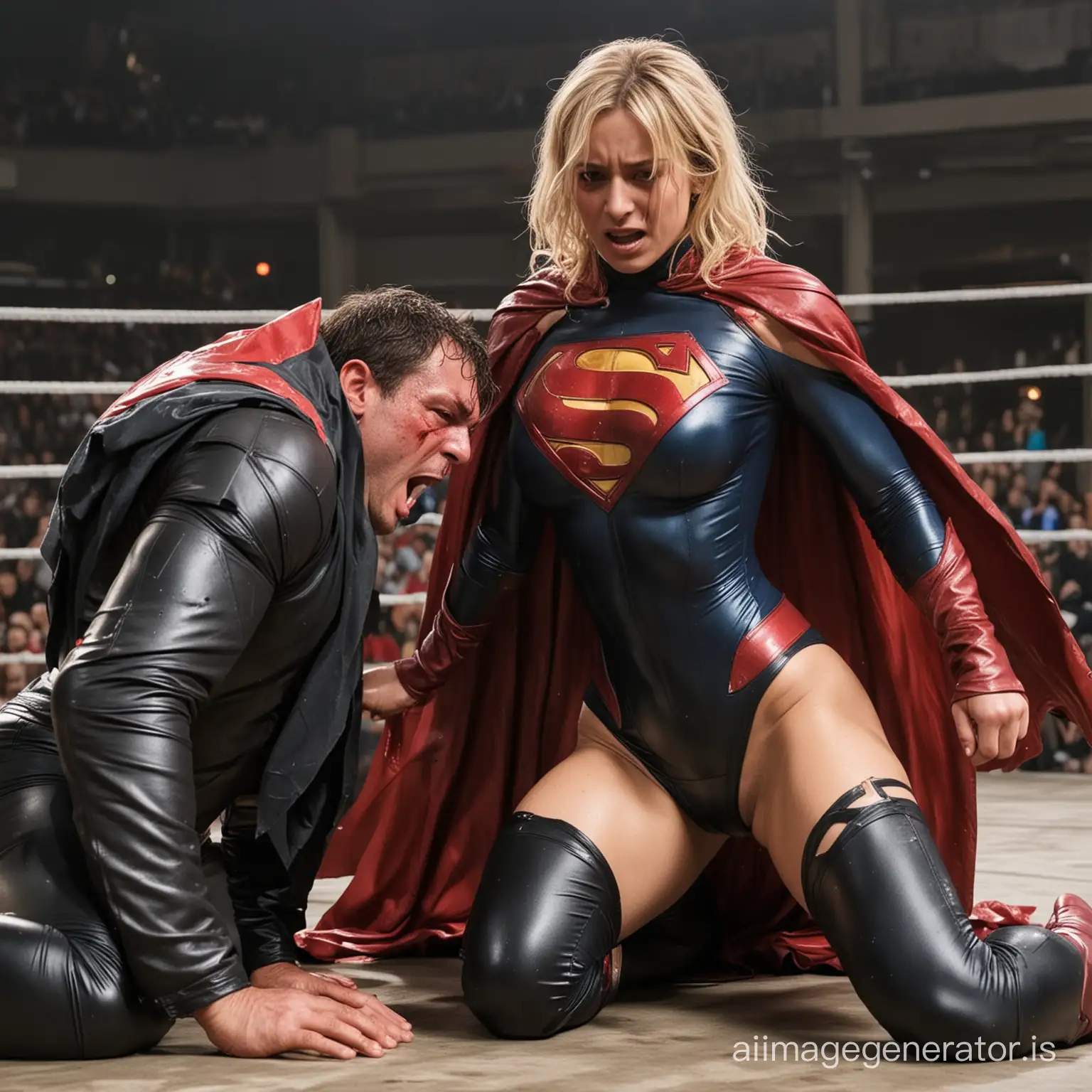 superheroine gets defeated by a male wrestler who holds her stomach with a hand. she is bleeding and sweating and her clothes are ripped apart, but still wearing a cape.
her nipples are slightly exposed because her suit is damaged.