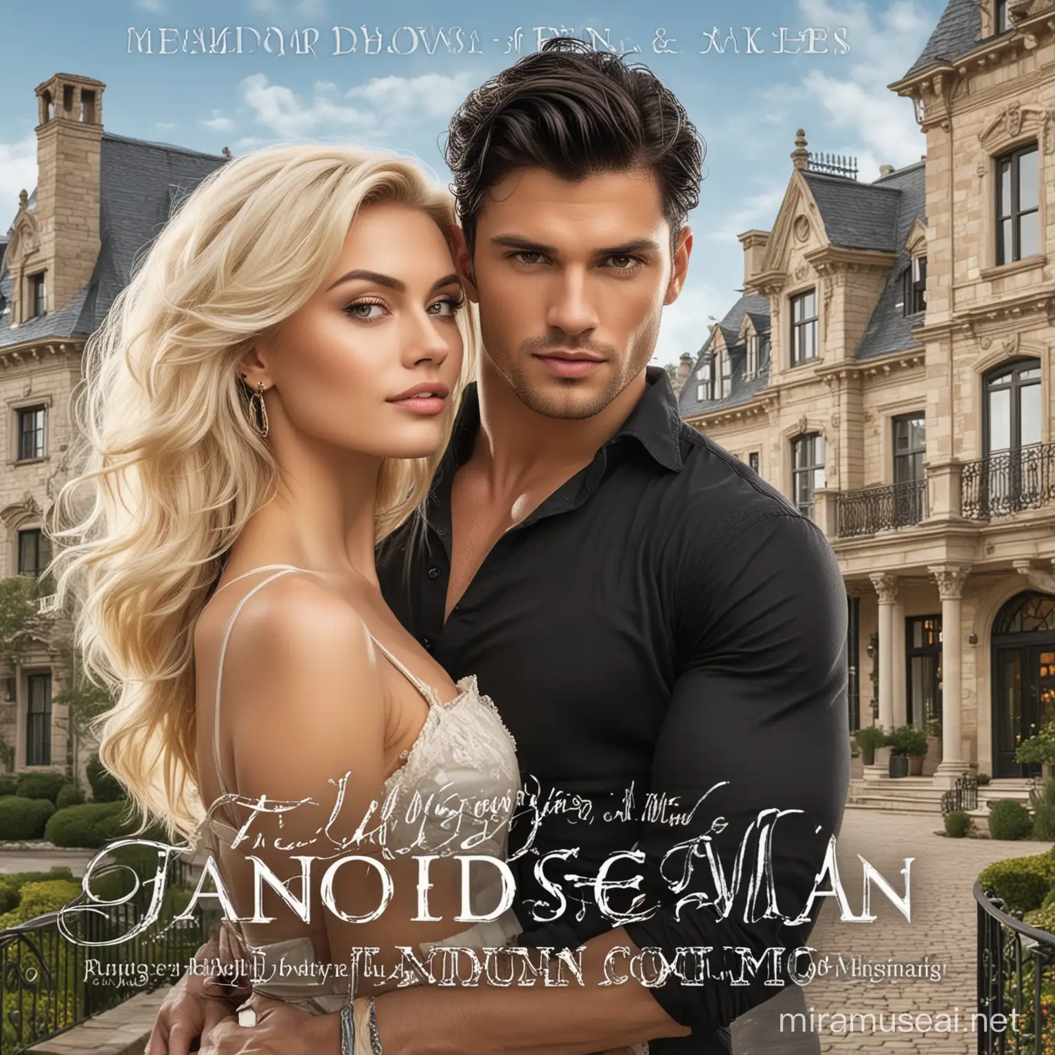 Luxurious Romance Novel Cover Handsome Blond Man and Beautiful Woman by Mansion