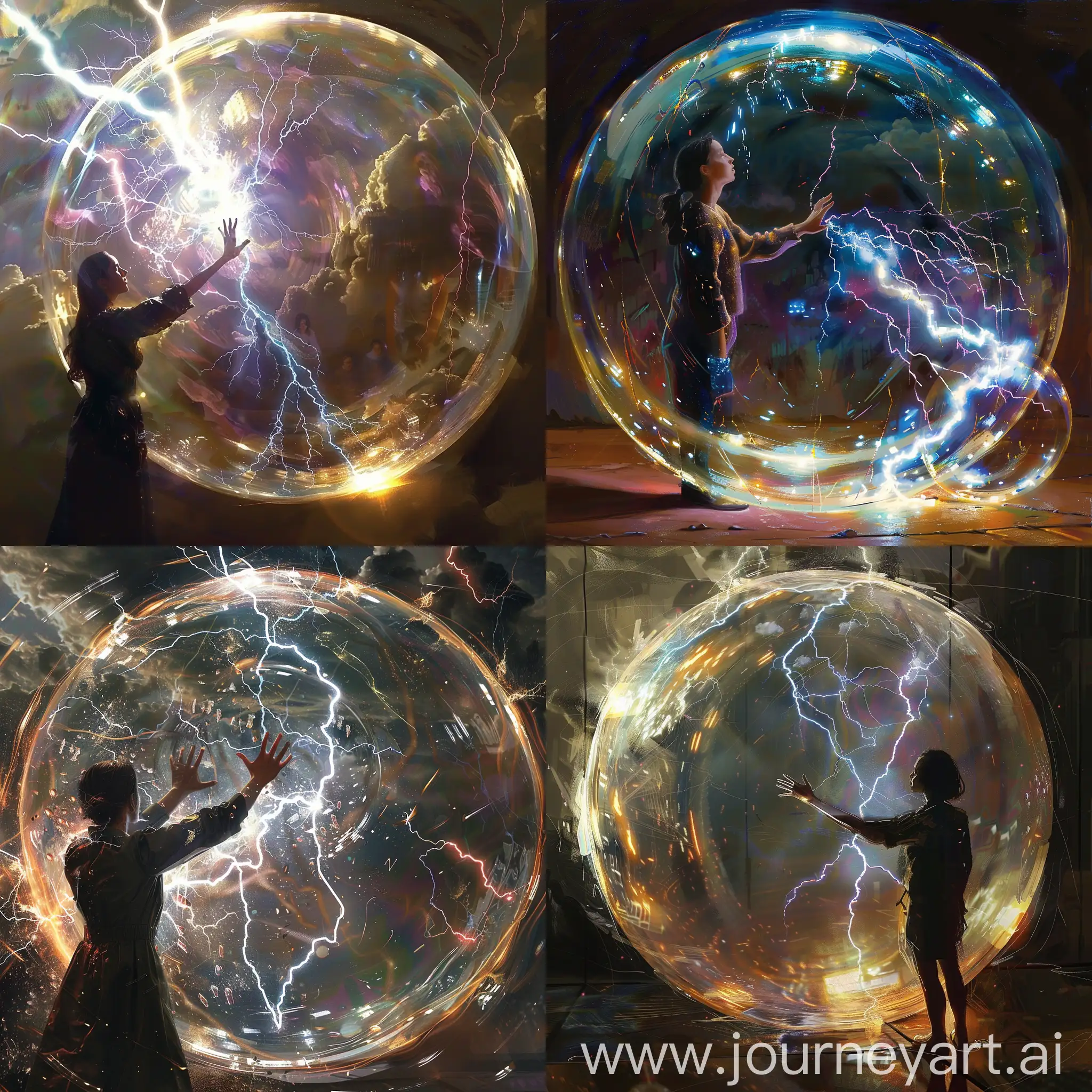 there is a big bubble, and there is a hand reaches into that huge bubble, there is a lady and there are lightning in the bubble
