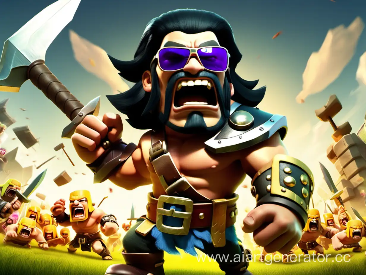 Clash of Clans кричащий варвар в солнечных очках и с черными волосами.