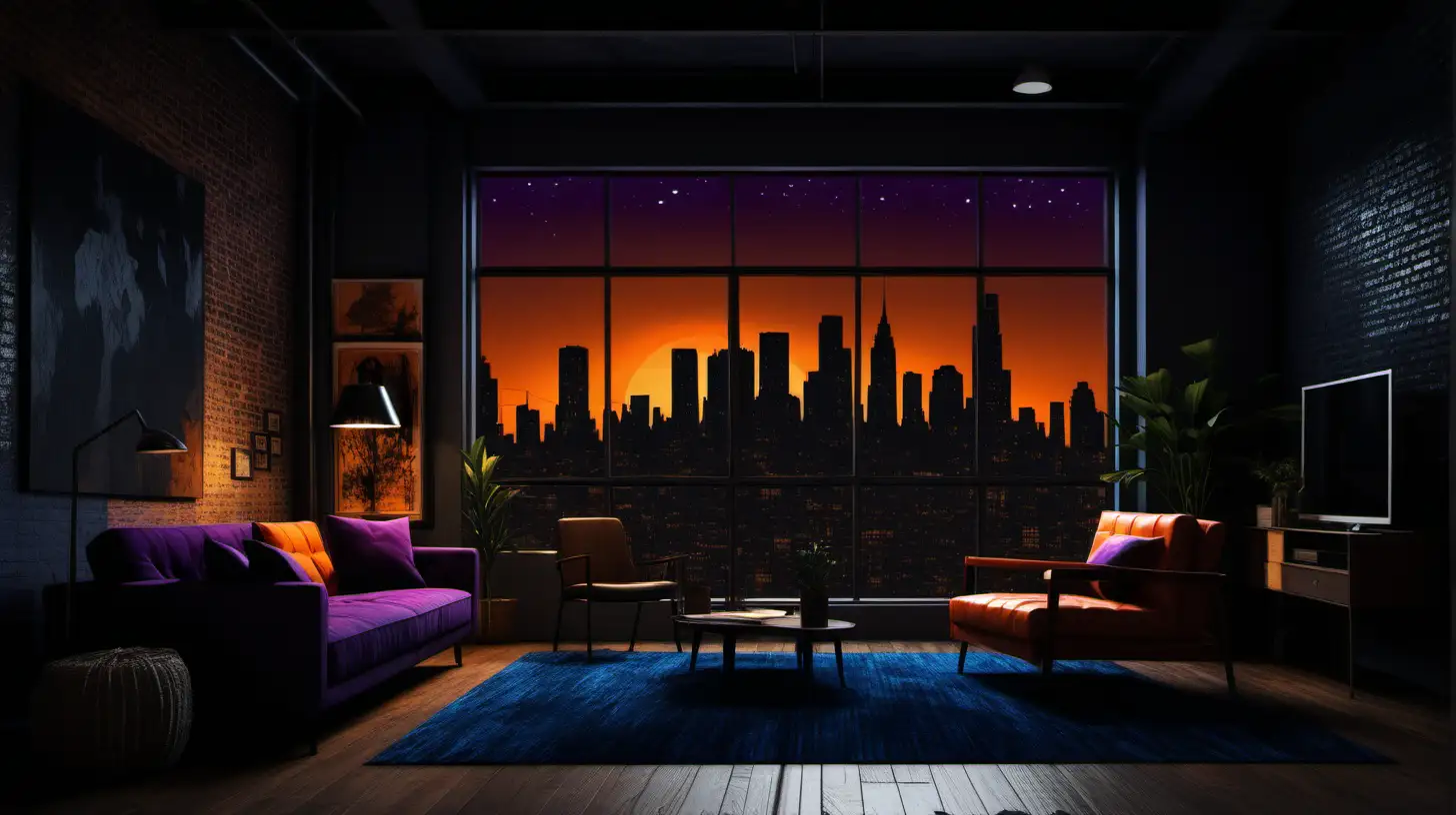 Set the scene in a loft apartment characterized by its dark and moody ambiance. The layout features a prominent large window on the left, allowing a glimpse of the outside world. The central wall is made of brick,  with a color palette that includes orange, purple, and blue, creating a vibrant contrast. The essence of night is captured through the depiction of a nighttime skyline, all while channeling the distinctive, atmospheric style reminiscent of a David Fincher film, mainly through the use of orange hues to simulate the feel of nighttime.