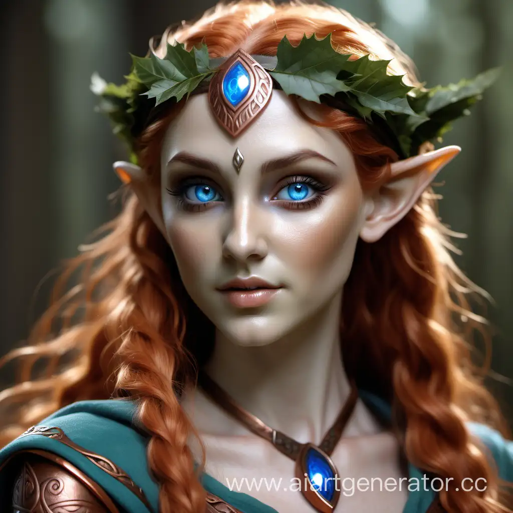 Красивая эльфийка друид среднего роста, голубые глаза, медный цвет кожи, реализм, немного отдалена от кадра