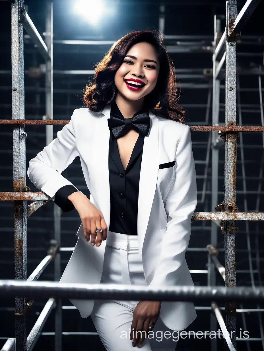 A stunning and cute and sophisticated and confident Indonesian woman with shoulder length hair and lipstick wearing a formal white tuxedo with a white shirt with cufflinks and a (black bow tie), standing on a scaffold facing forward, laughing and smiling. Her shirt cuffs are showing. The cuffs have cufflinks. It is night.