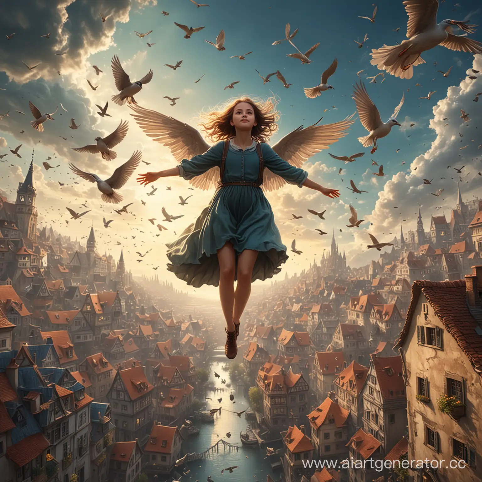 Девочка с крыльями летит в небе окруженная птицами. Внизу видно сказочную стану