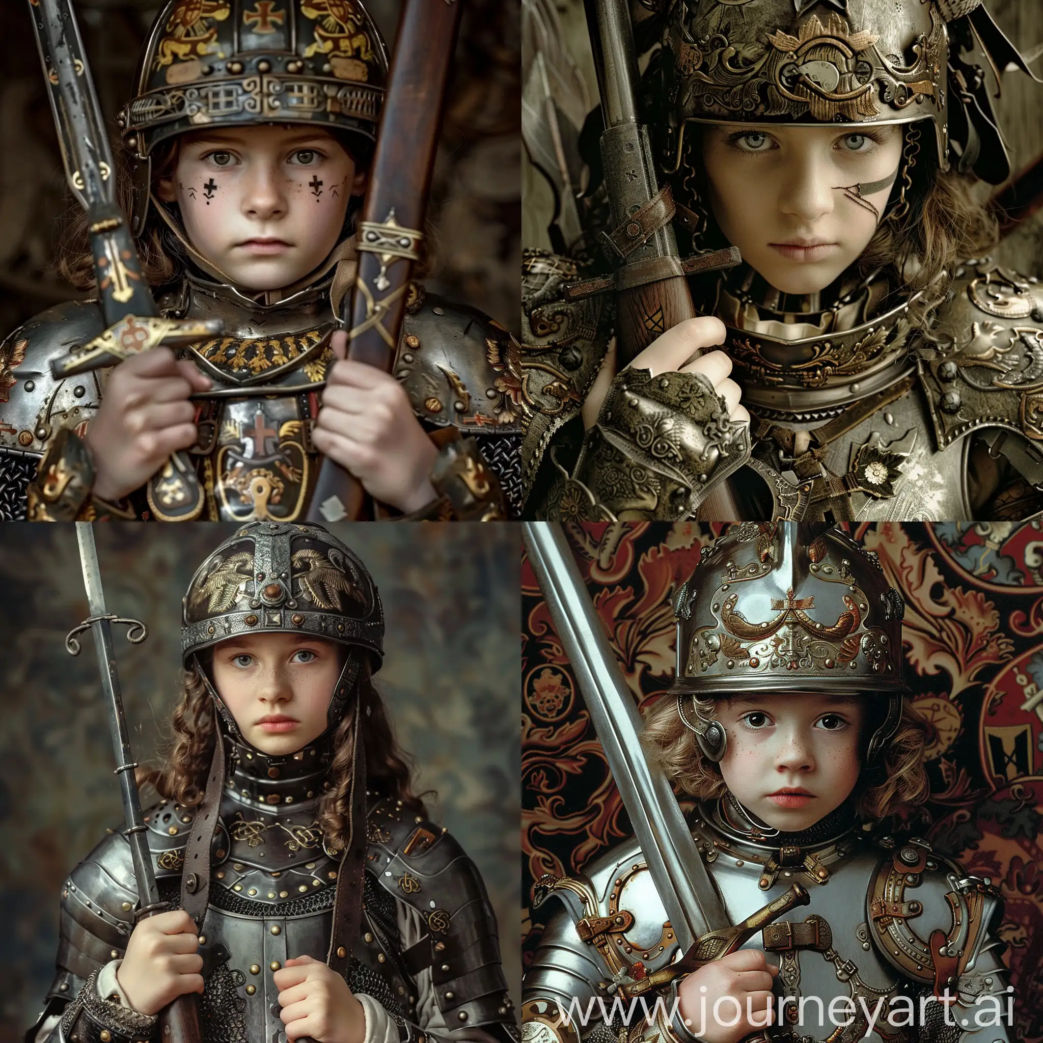 german girls about 13-14 years old, wearing armor and helmet, her hands holding german weapons, decorative motifs on the helmet, armor and weapons in the style of german