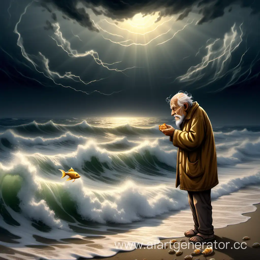 иллюстрация бедный старик стоит на берегу, смотрит и поклоняется одной небольшой золотой рыбке, которая смотрит на него и находится напротив него на поверхности волны в море, на фоне изображения пустое море, шторм